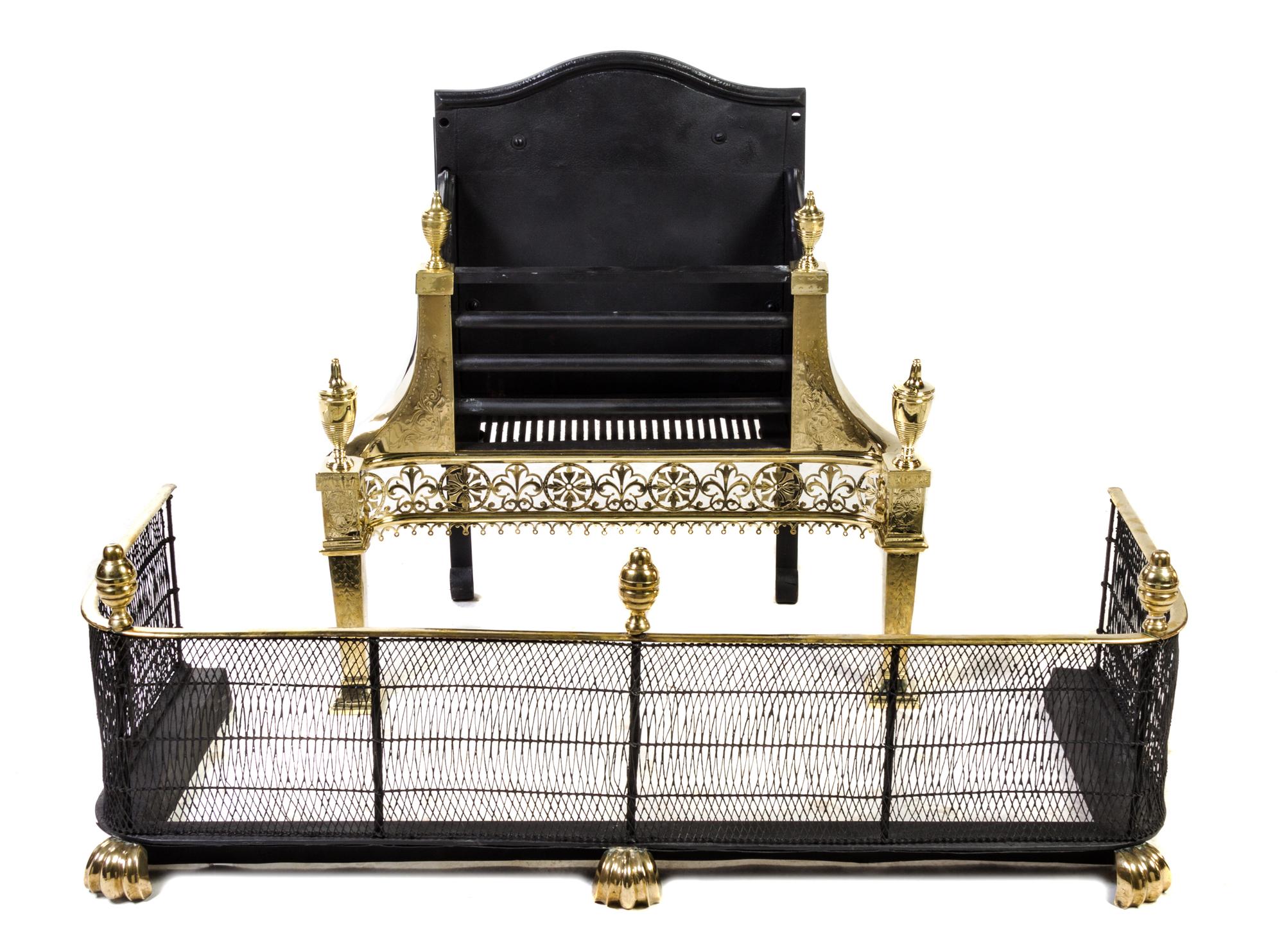 A Neoclassical Brass Fire Fender and Fireplace Grate Height of grate 31 inches; width of fender 47 1/2 inches. — 19TH CENTURY