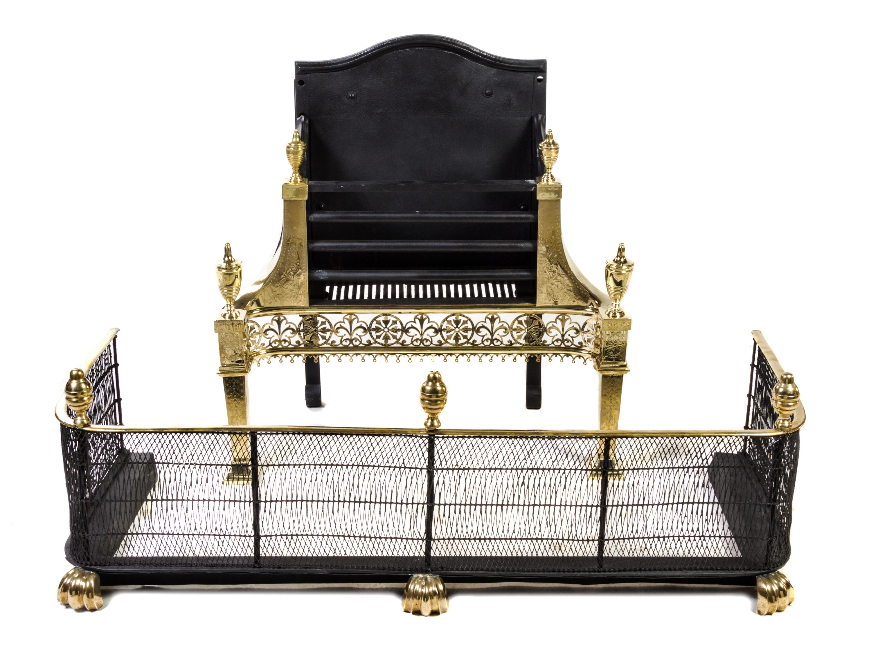 A Neoclassical Brass Fire Fender and Fireplace Grate Height of grate 31 inches; width of fender 47 1/2 inches. — 19TH CENTURY