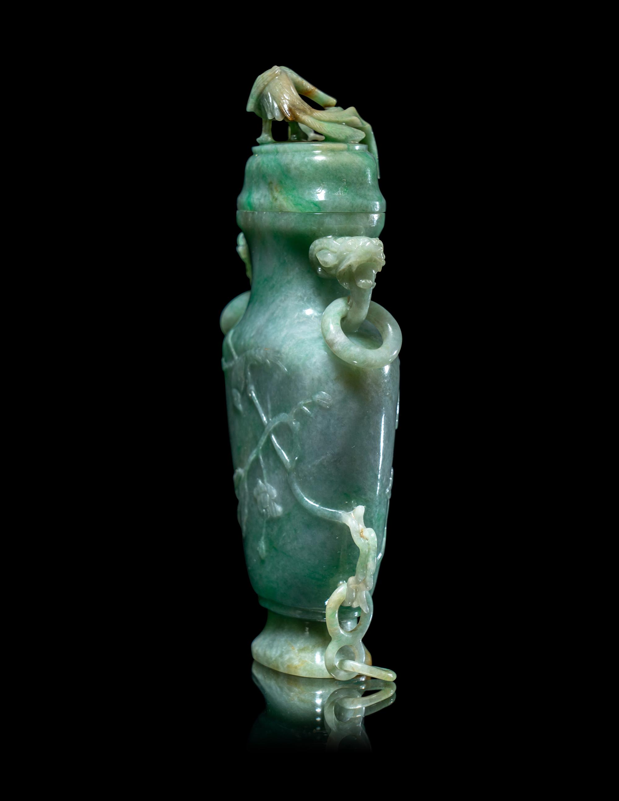 A Chinese Apple Green Jadeite Covered Vase
