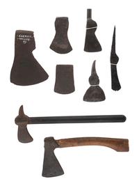 [NATIVE AMERICANS - RELICS]. Group of excavated tomahawks, strikers, and other edged weapons.