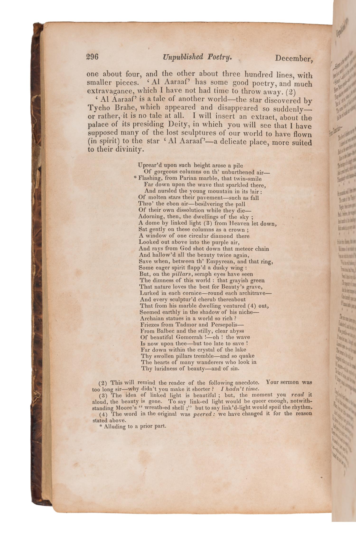 [POE, Edgar Allan (1809-1849)]. [Review of "Fairyland"] pp. 168. -- [Review of "Al Aaraaf" and "Tamerlane"] pp. 295-298. In: The Yankee; and Boston Literary Gazette. No. 79. New Series. John NEAL, editor. N.p.: N.p., July 1829 - November 1829.