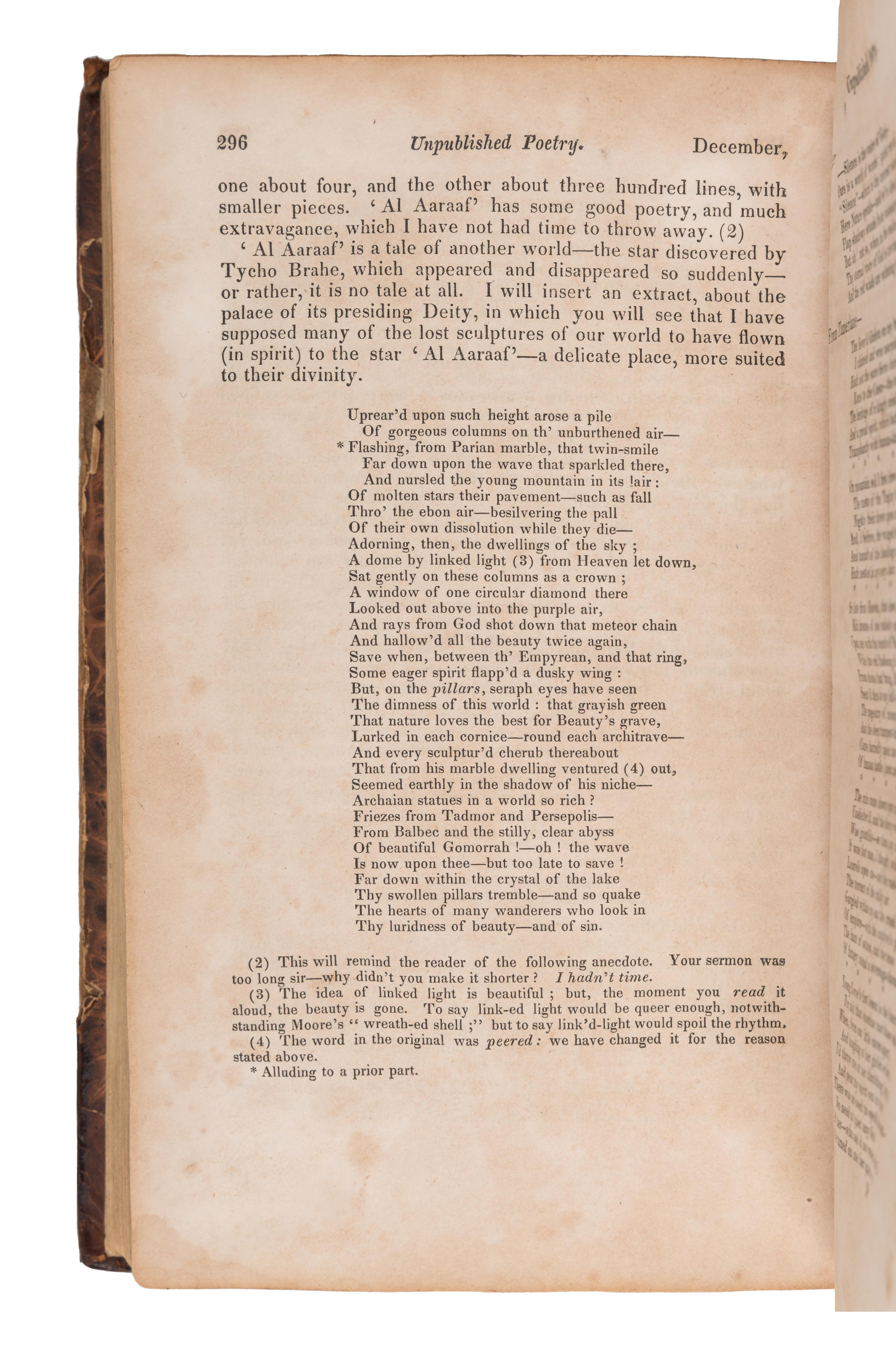 [POE, Edgar Allan (1809-1849)]. [Review of "Fairyland"] pp. 168. -- [Review of "Al Aaraaf" and "Tamerlane"] pp. 295-298. In: The Yankee; and Boston Literary Gazette. No. 79. New Series. John NEAL, editor. N.p.: N.p., July 1829 - November 1829.