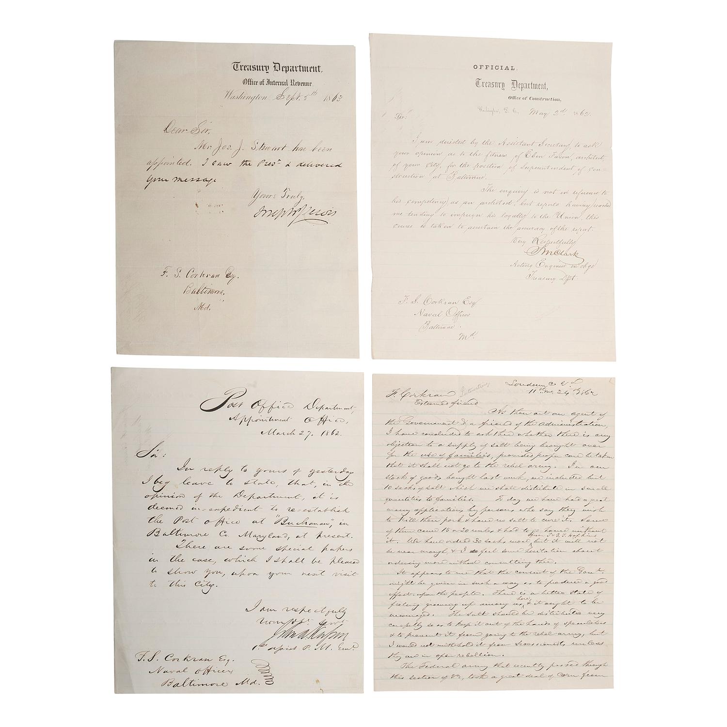 BLAIR, Montgomery (1813-1883) and CORKRAN, Francis S. (1816-1886). A group of 7 documents related to Montgomery Blair, Francis Corkran, and political patronage during the Lincoln Administration, comprising: