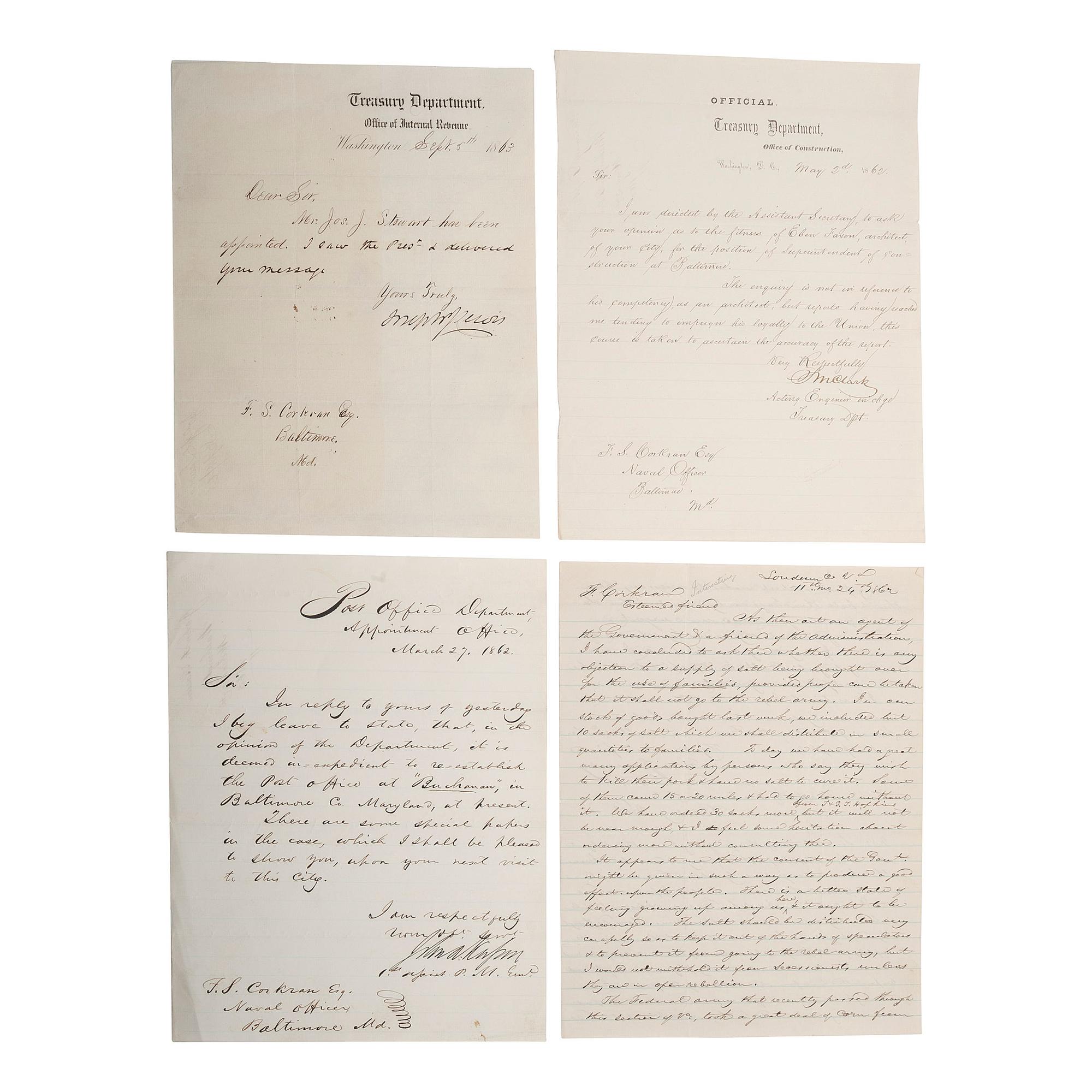 BLAIR, Montgomery (1813-1883) and CORKRAN, Francis S. (1816-1886). A group of 7 documents related to Montgomery Blair, Francis Corkran, and political patronage during the Lincoln Administration, comprising: