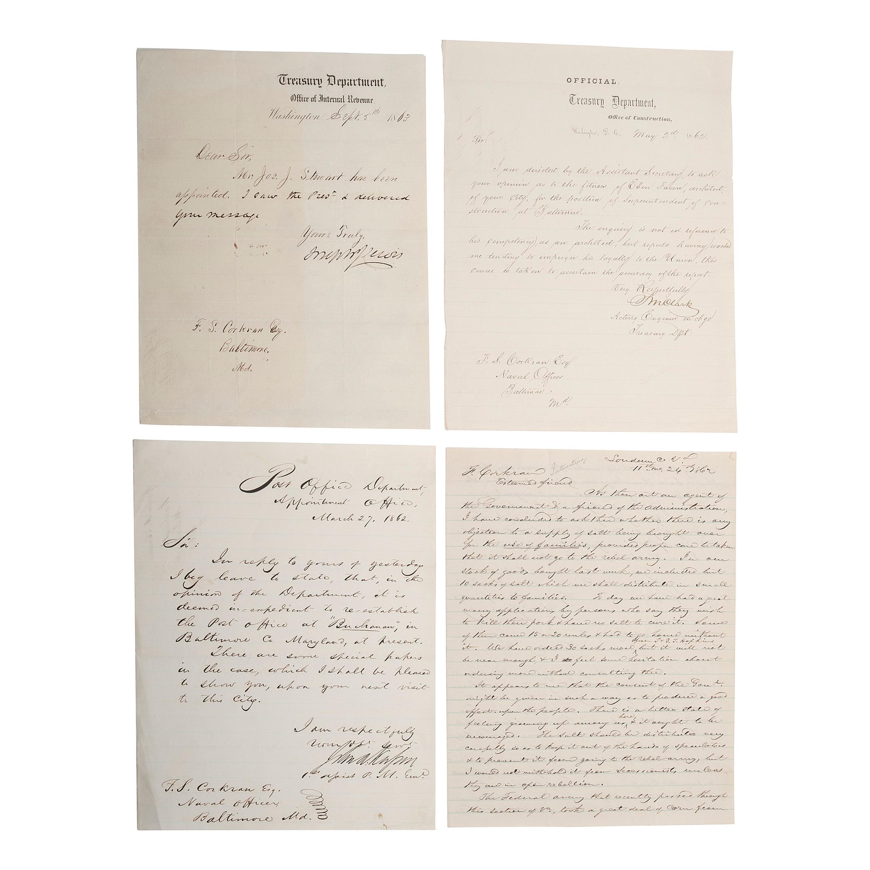 BLAIR, Montgomery (1813-1883) and CORKRAN, Francis S. (1816-1886). A group of 7 documents related to Montgomery Blair, Francis Corkran, and political patronage during the Lincoln Administration, comprising: