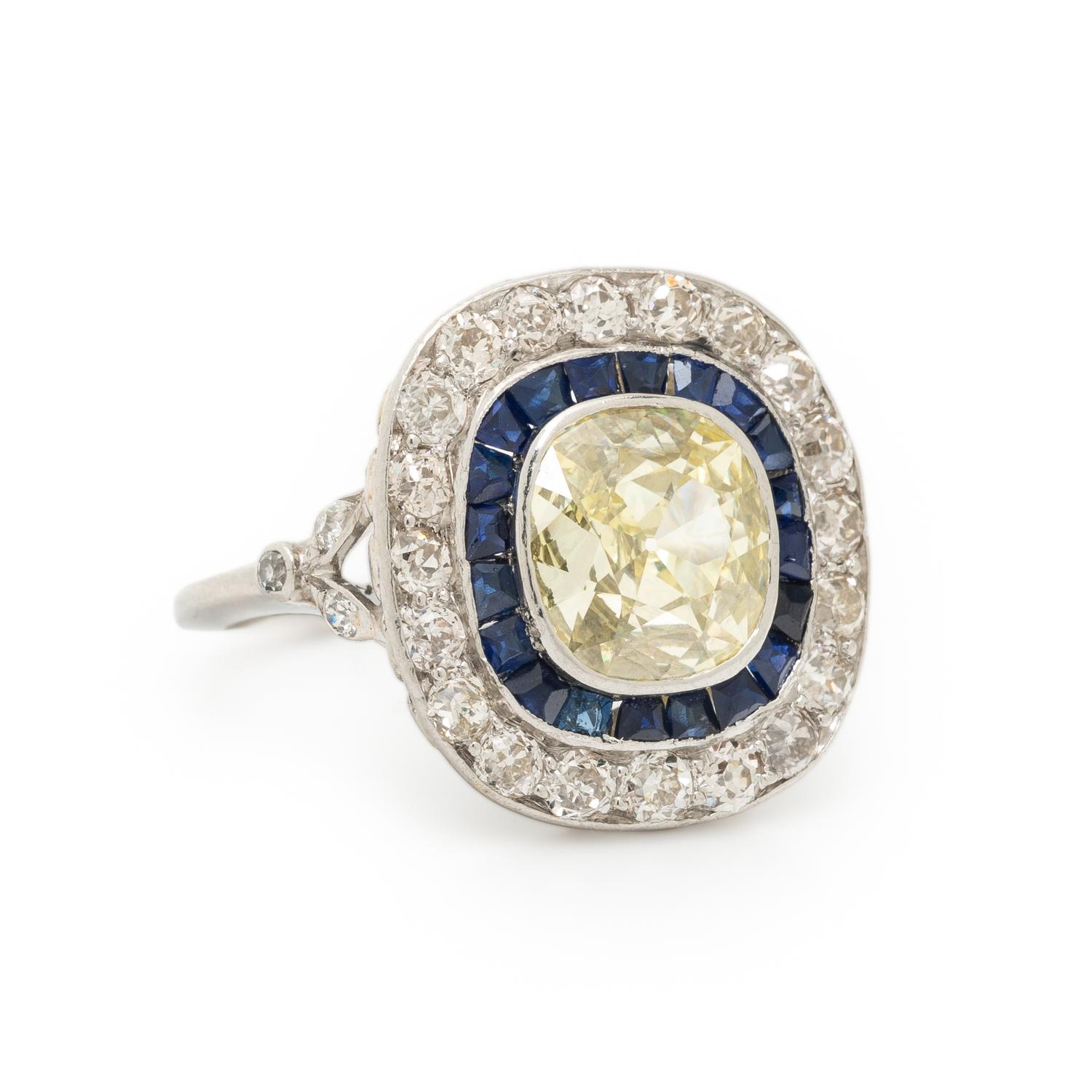 ART DECO, YELLOW DIAMOND, SAPPHIRE, AND DIAMOND RING