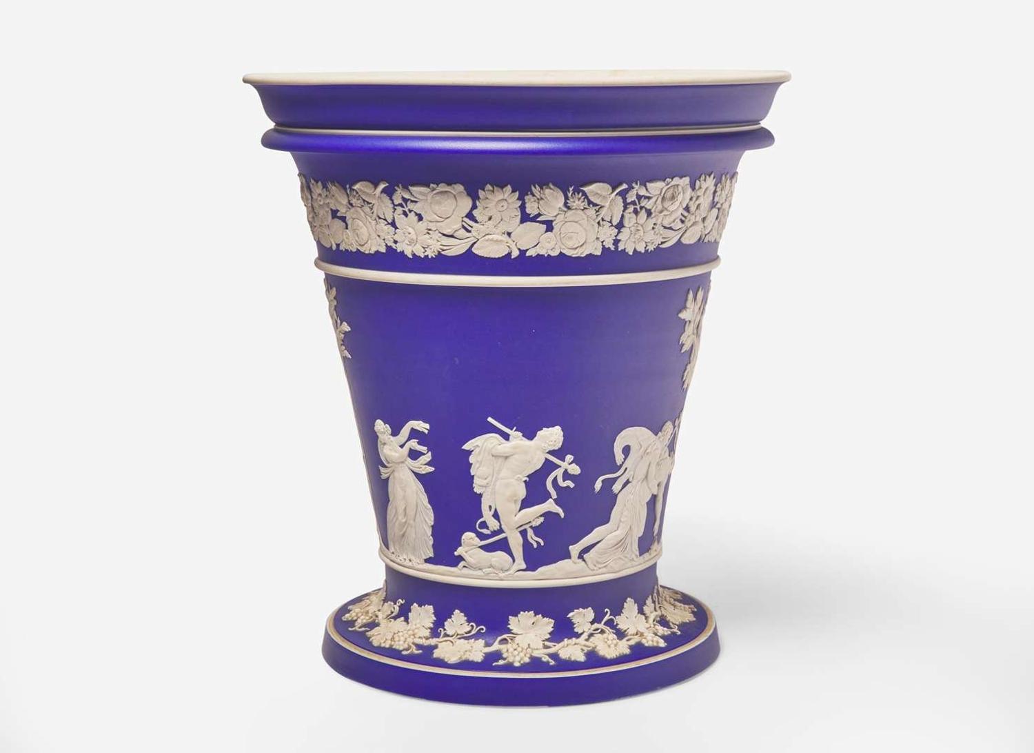 A Monumental Wedgwood Blue Dip Jasperware Monopode Vase, UK, late 19th century