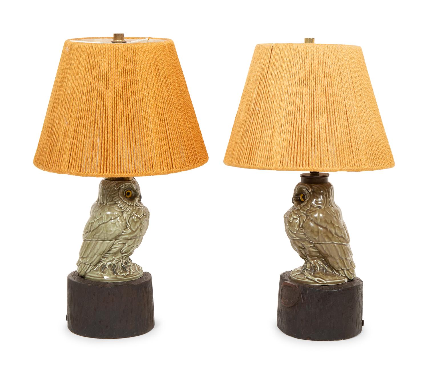 A Pair of Glazed Earthenware Owl Table Lamps