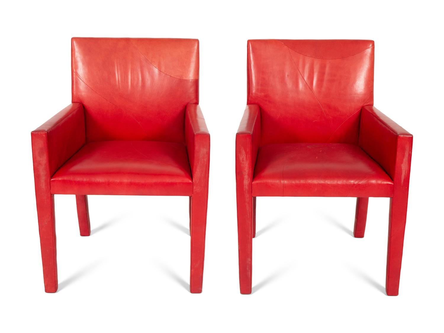 A Set of Four Contemporary Red Leatherette Upholstered Arm Chairs