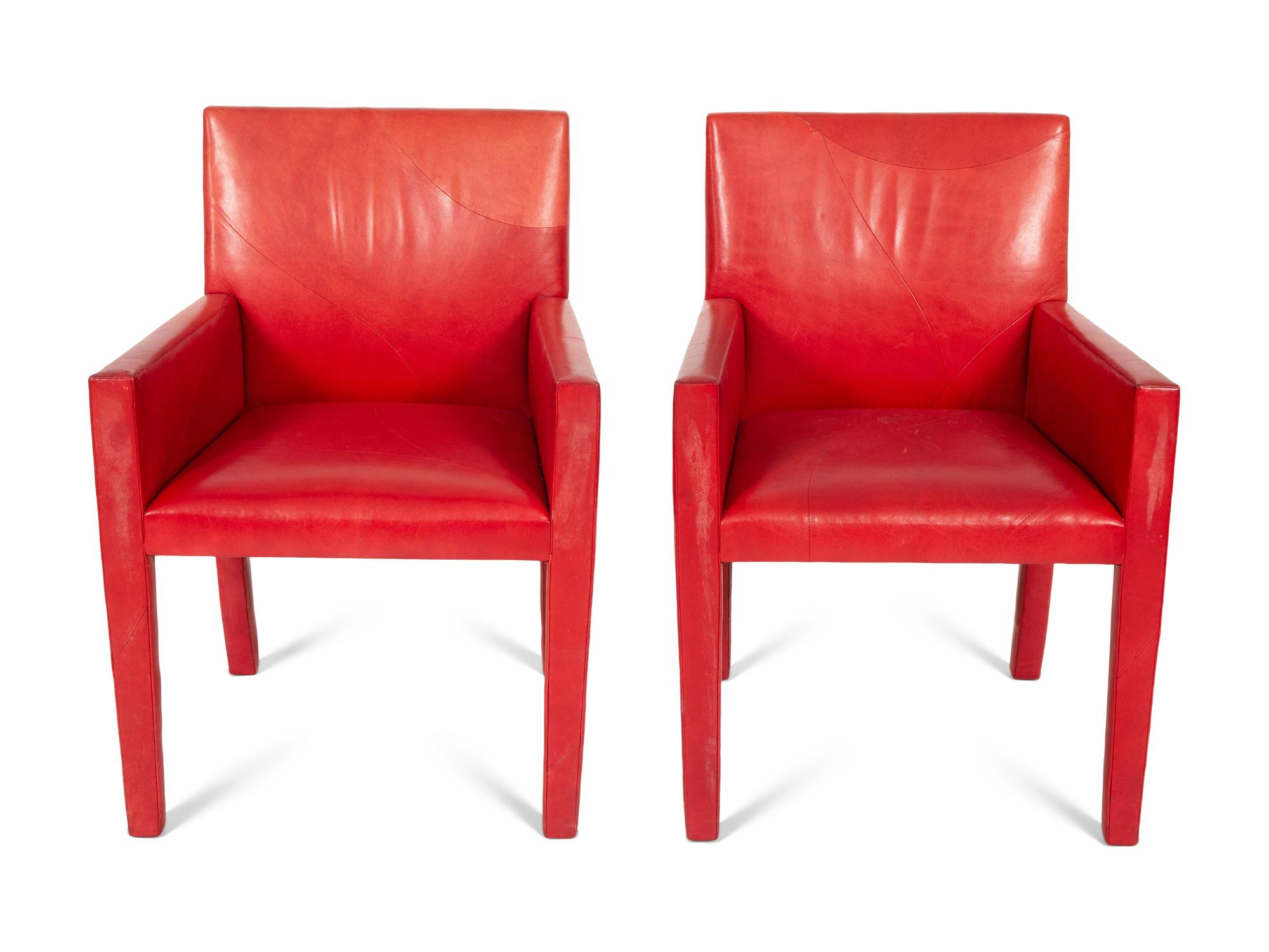 A Set of Four Contemporary Red Leatherette Upholstered Arm Chairs