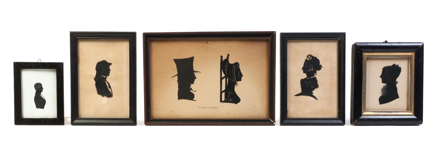 A Collection of Five Silhouettes, Height of tallest frame 6 3/4 x width 9 3/4 inches.