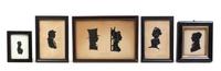 A Collection of Five Silhouettes, Height of tallest frame 6 3/4 x width 9 3/4 inches.