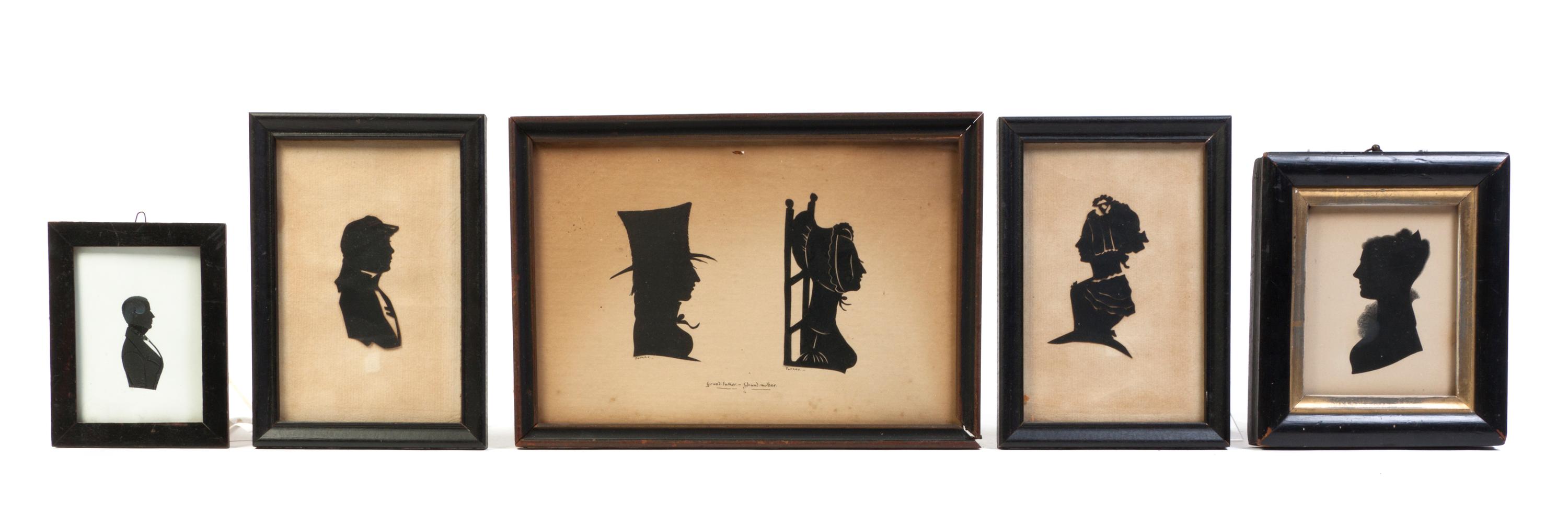 A Collection of Five Silhouettes, Height of tallest frame 6 3/4 x width 9 3/4 inches.