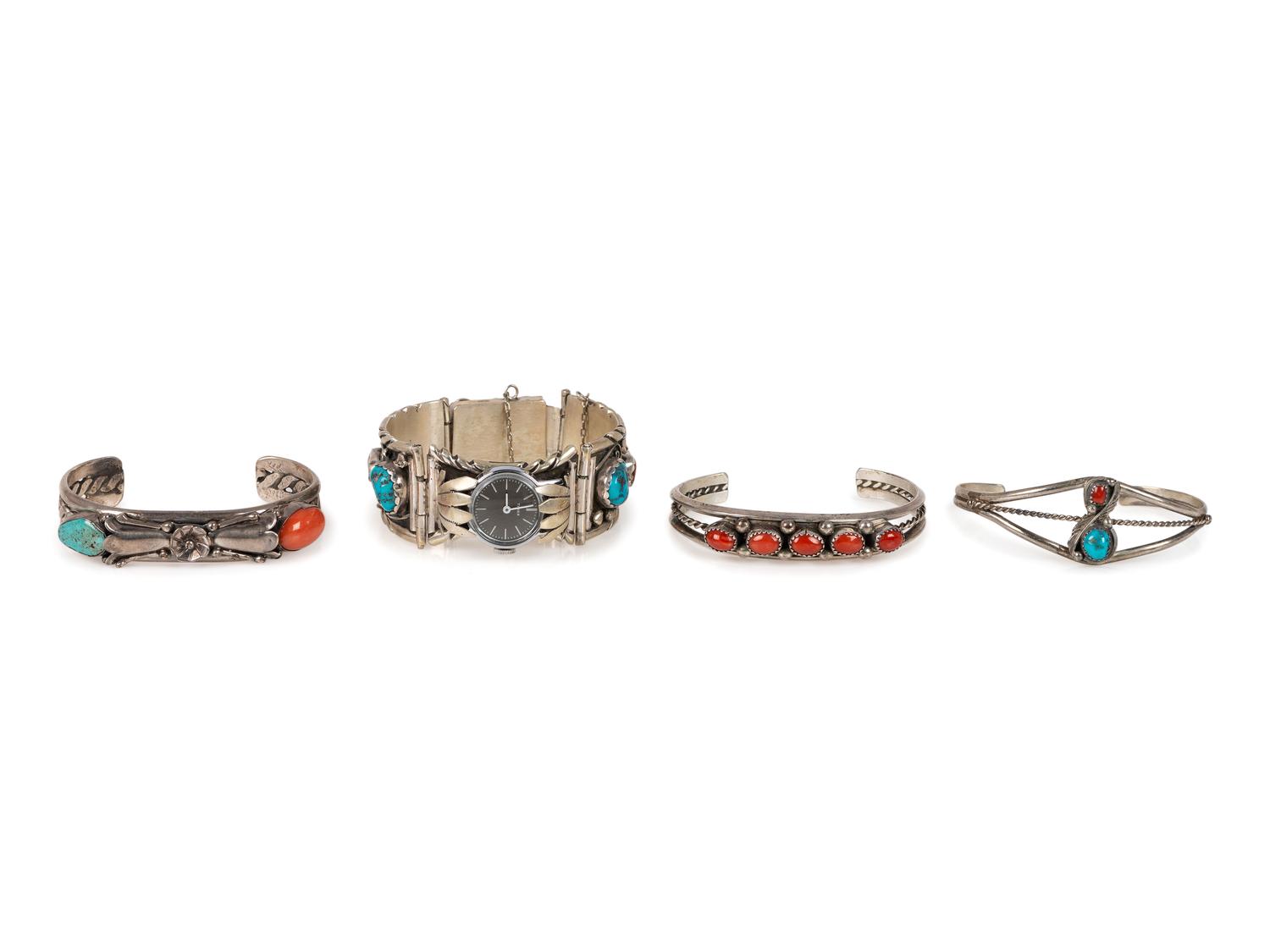Navajo Silver, Turquoise, and Coral Cuff Bracelets AND Watch Band