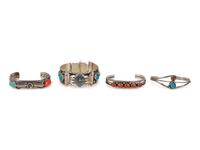 Navajo Silver, Turquoise, and Coral Cuff Bracelets AND Watch Band