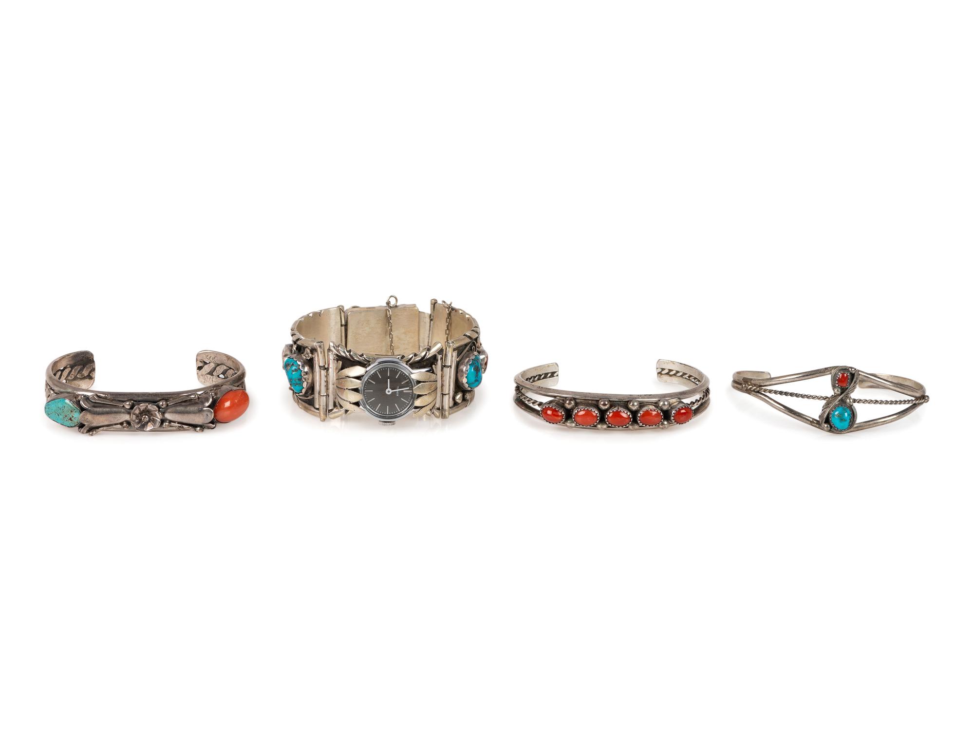 Navajo Silver, Turquoise, and Coral Cuff Bracelets AND Watch Band
