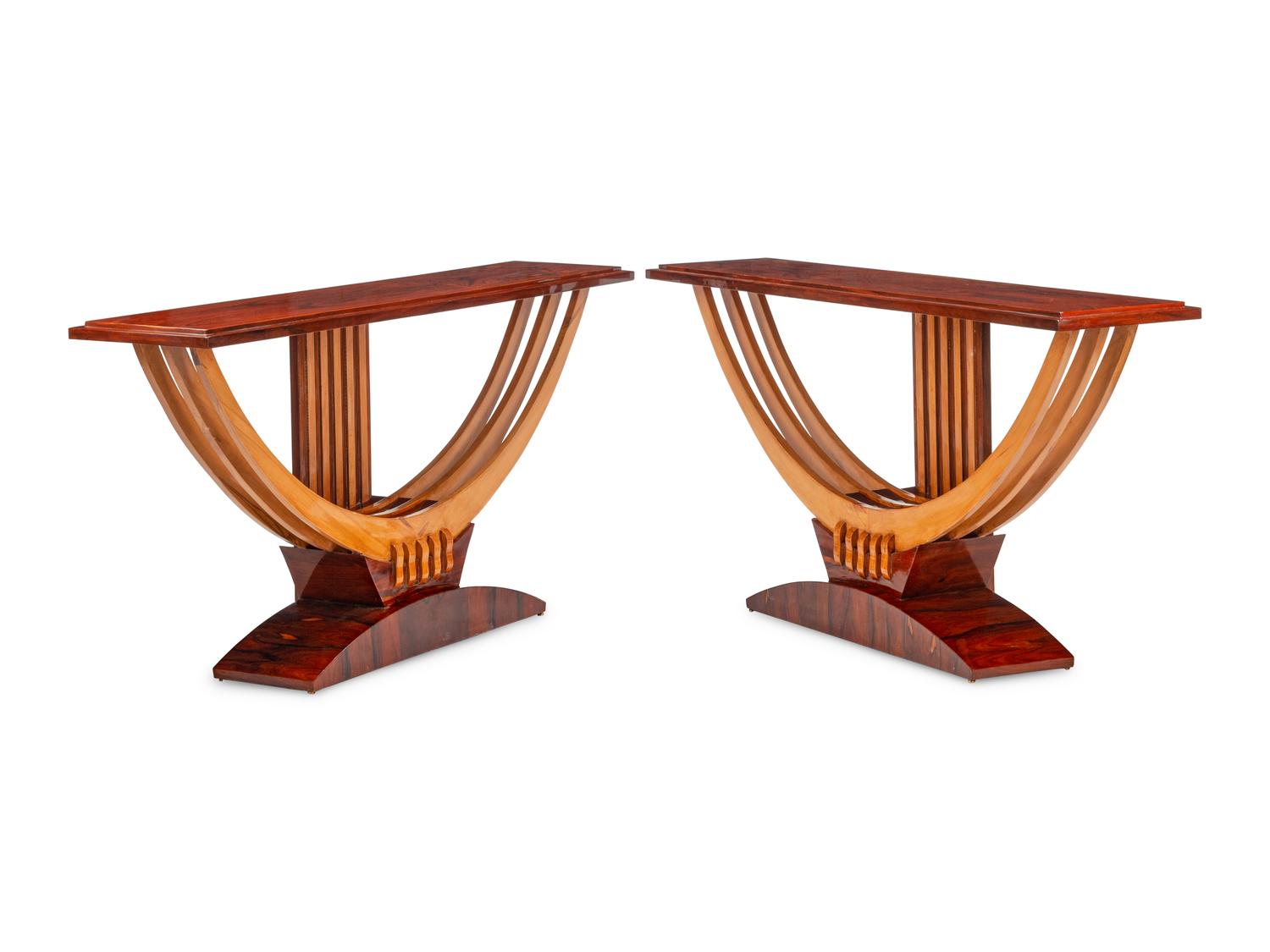 A Pair of Art Deco Style Rosewood and Birch Console Tables