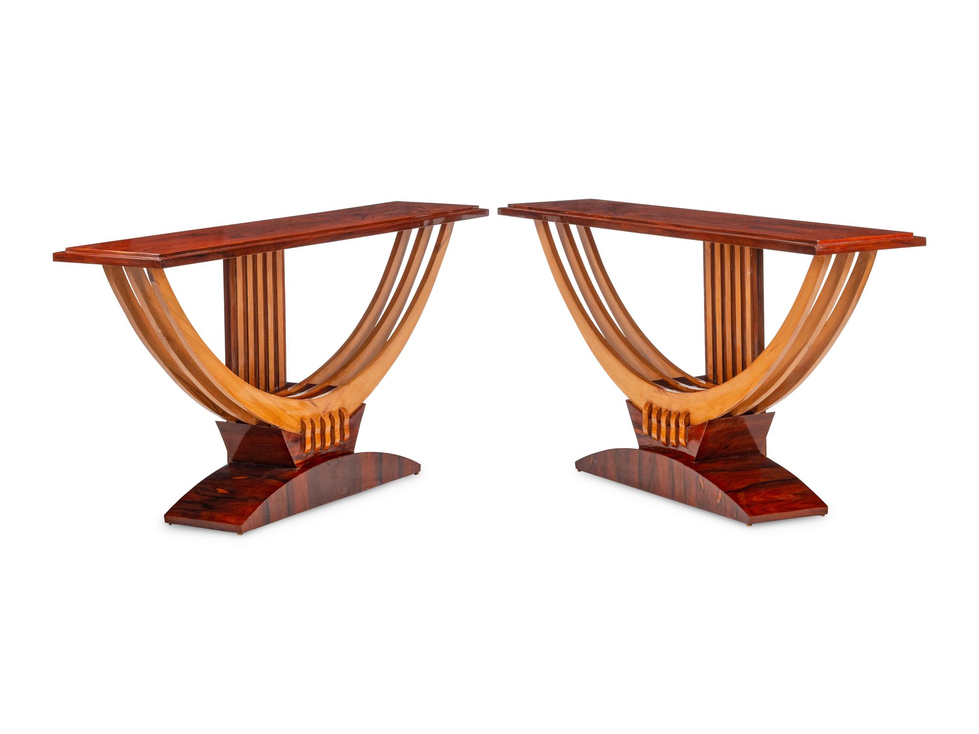 A Pair of Art Deco Style Rosewood and Birch Console Tables