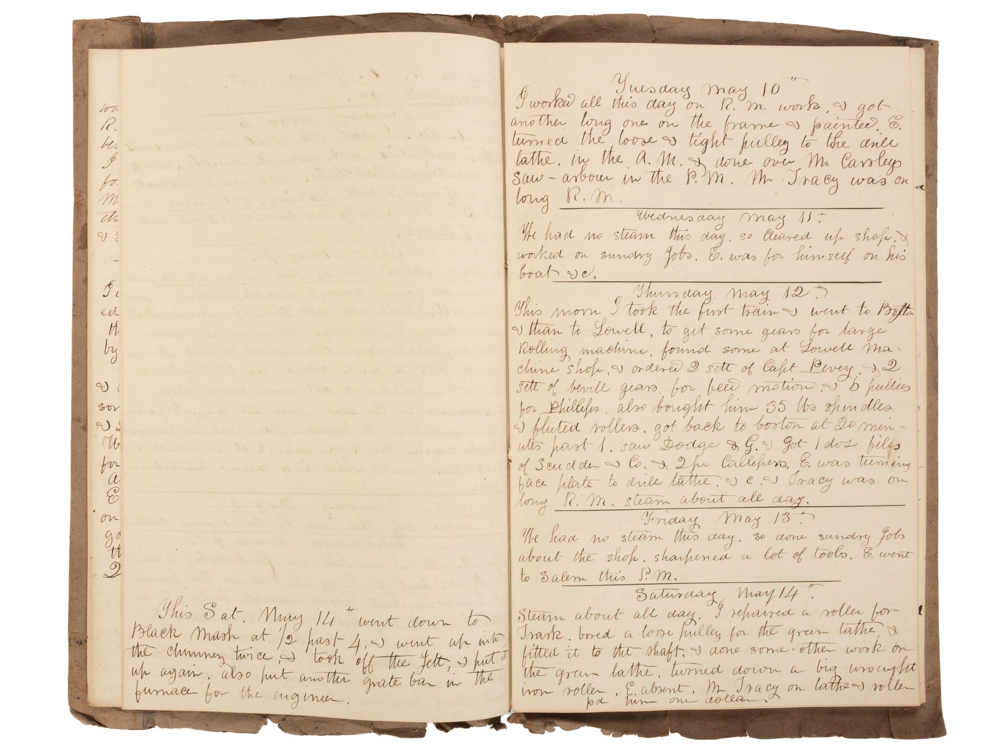 America in Manuscript Diaries of machinist Nathaniel S. Raymond (1811-1860), containing detailed descriptions of skilled labor and ongoing business transactions. Lynn, Essex County, Massachusetts, 1855 and 1859.