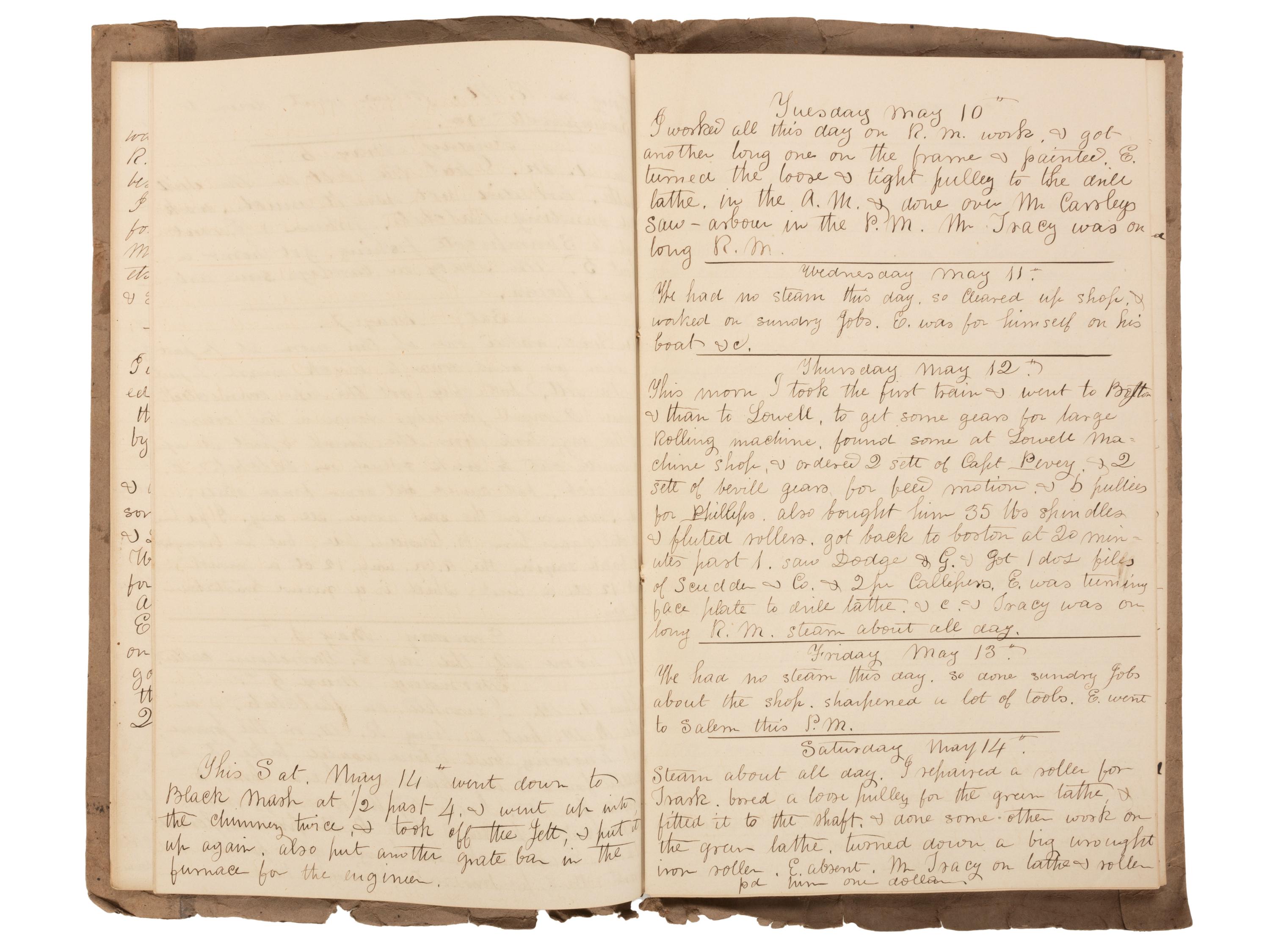 America in Manuscript Diaries of machinist Nathaniel S. Raymond (1811-1860), containing detailed descriptions of skilled labor and ongoing business transactions. Lynn, Essex County, Massachusetts, 1855 and 1859.