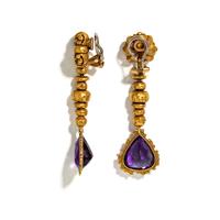 AMETHYST, DIAMOND, AND YELLOW GOLD PENDANT DROP EARRINGS