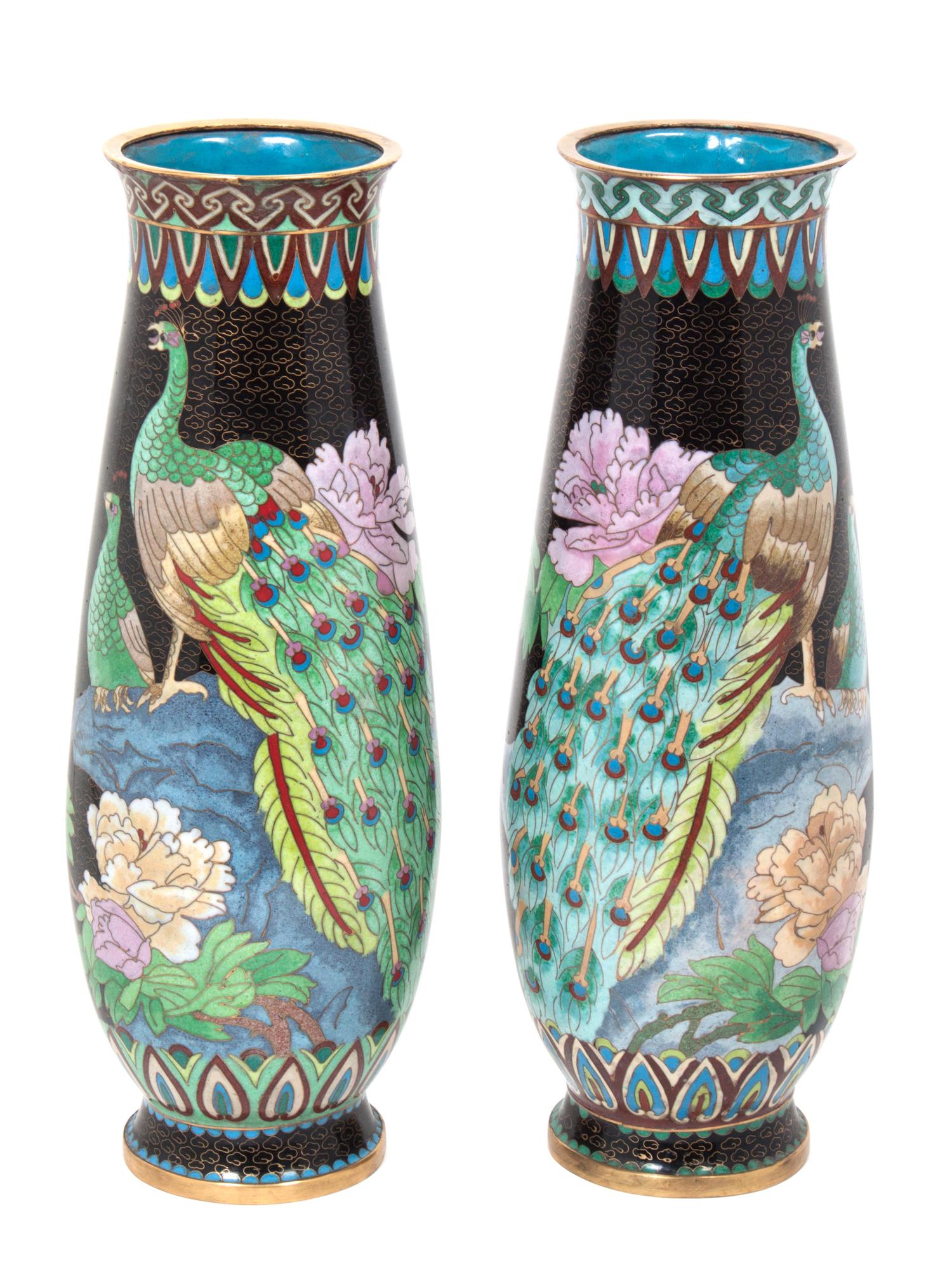 A Pair of Cloisonne Enameled Vases Height 15 1/4 inches.