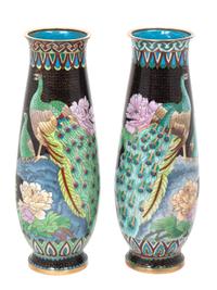 A Pair of Cloisonne Enameled Vases Height 15 1/4 inches.