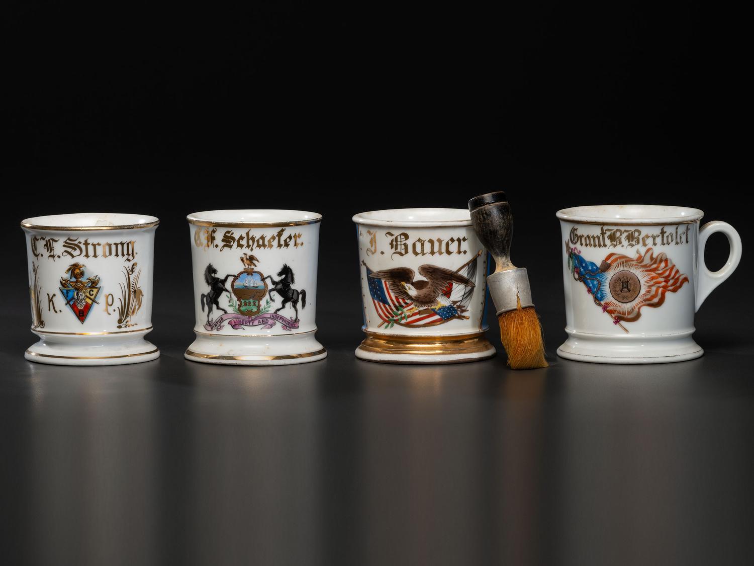 Four Fraternal and Patriotic Porcelain Shaving Mugs