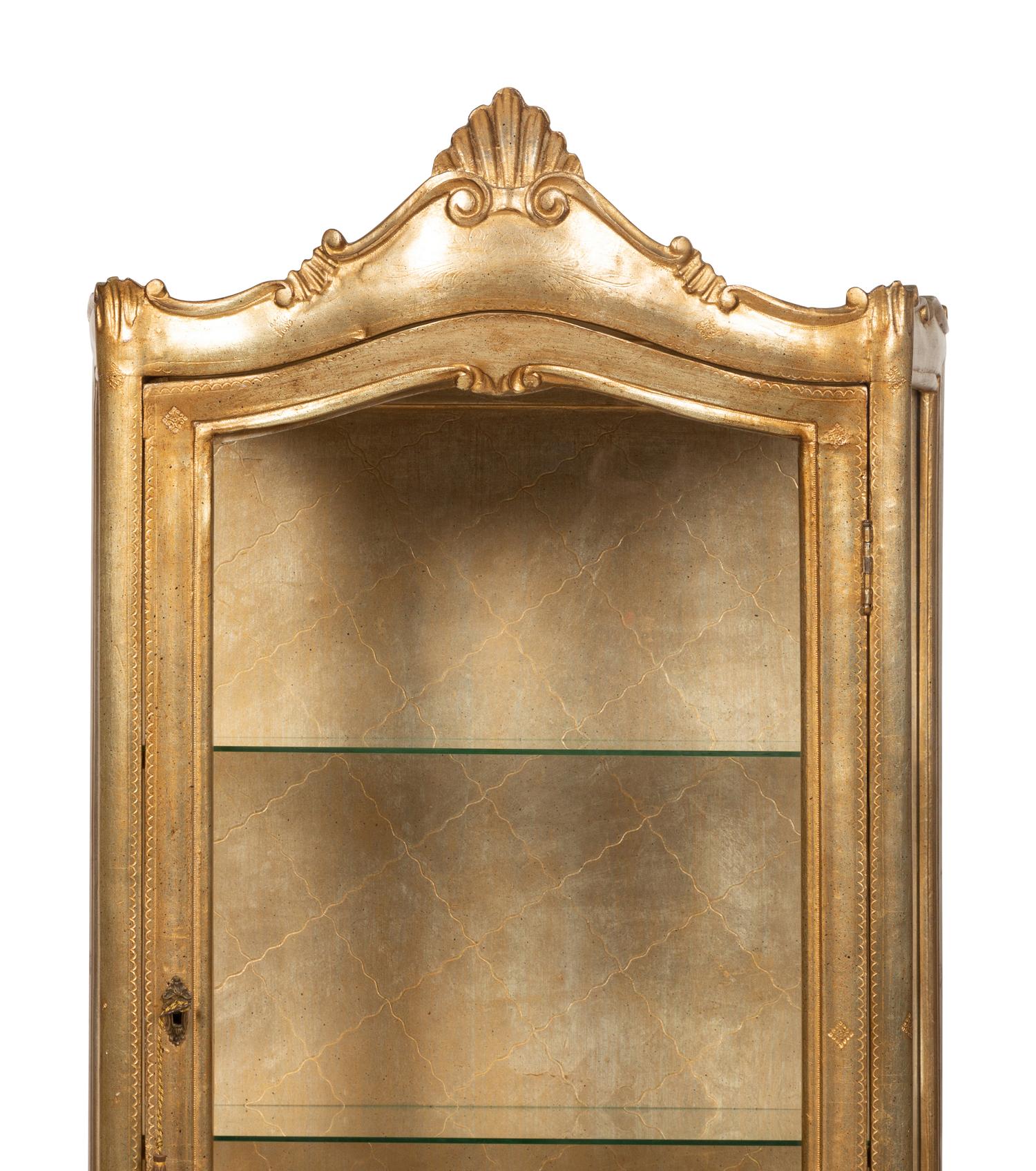 A Silvered Wood Vitrine Cabinet on Three Drawer Bombe Commode Base