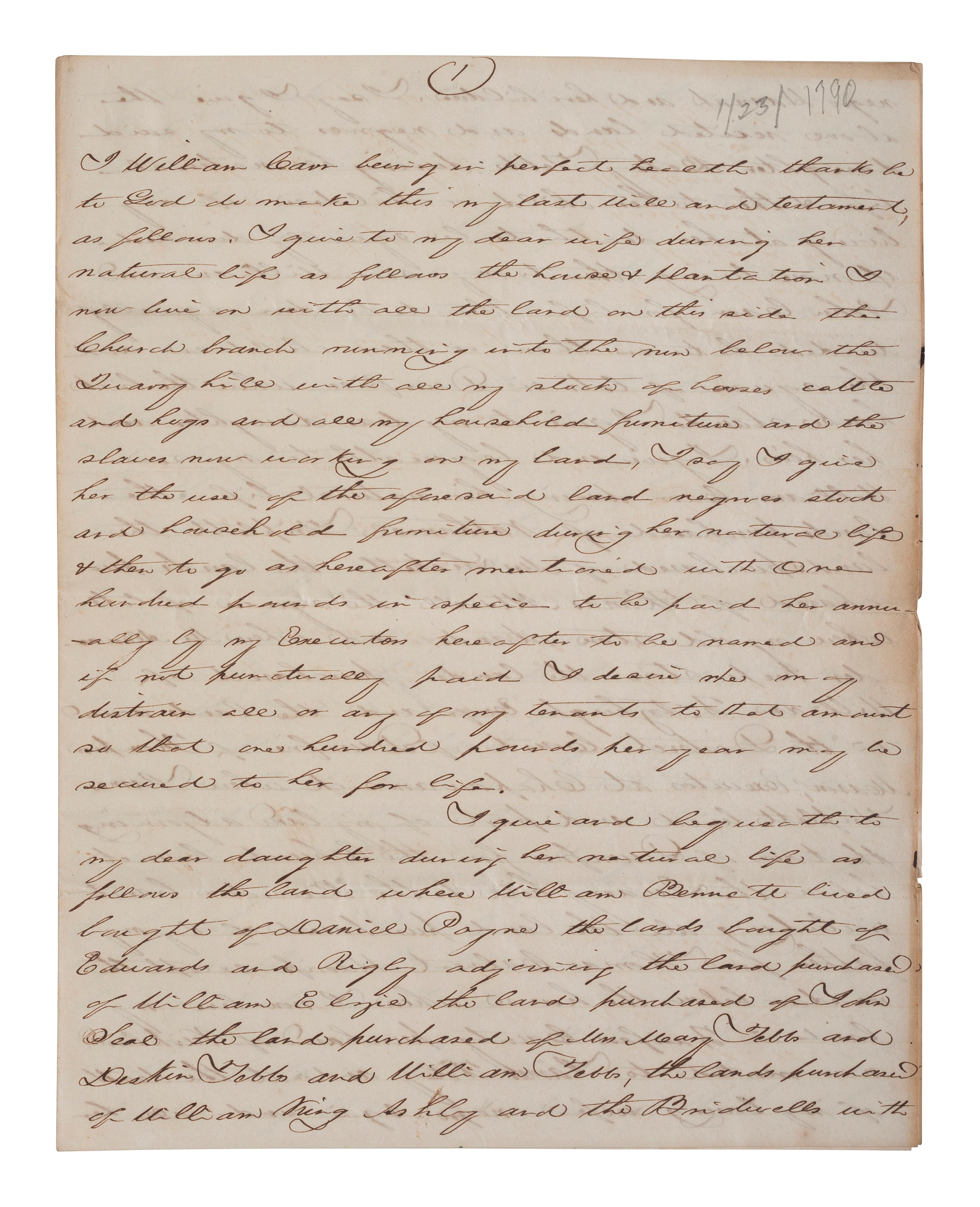 [ENSLAVEMENT & ABOLITION]. A group of 4 documents identified to the Carr and Tebbs families of Virginia, incl. references to the manumission and sale of enslaved persons.