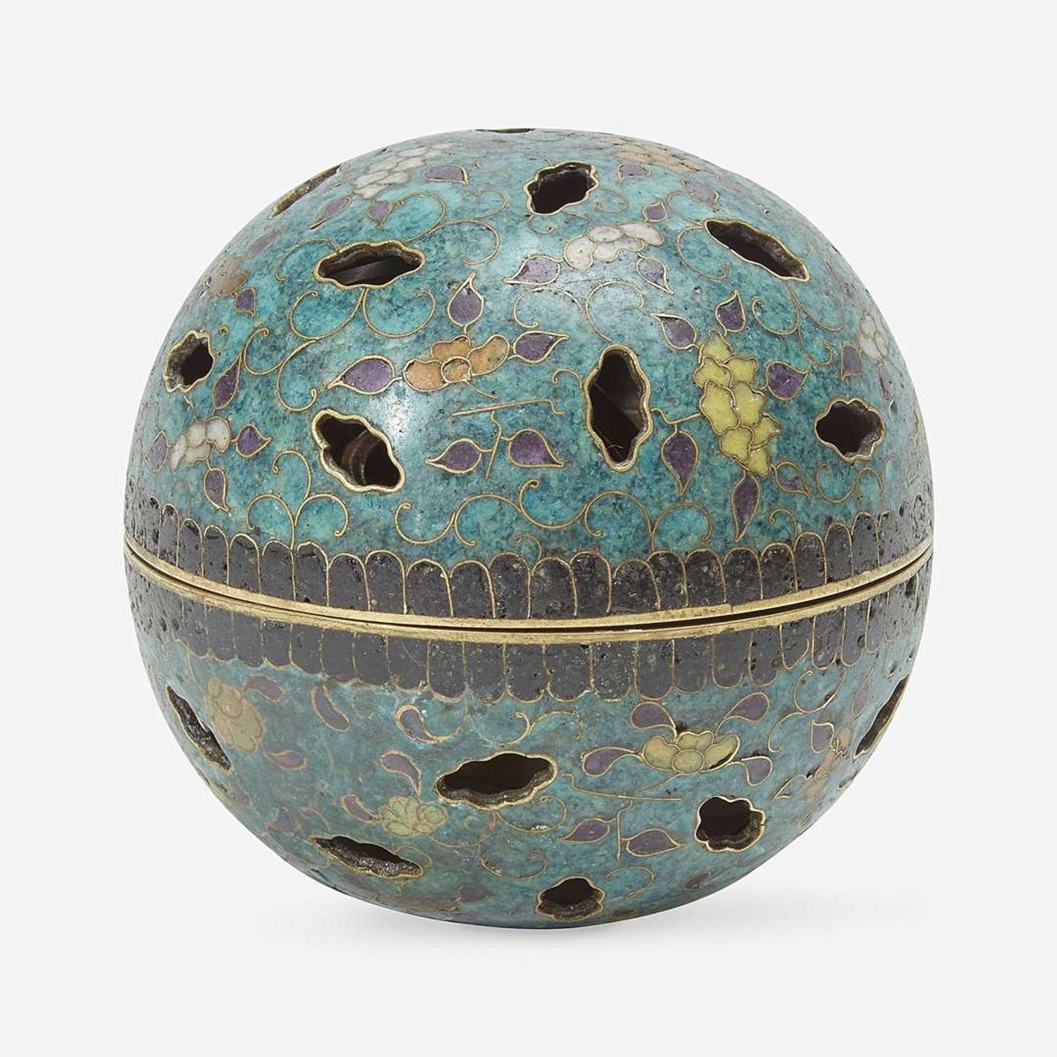 An unusual cloisonné gimbal-mechanism spherical incense burner 19th Century or earlier