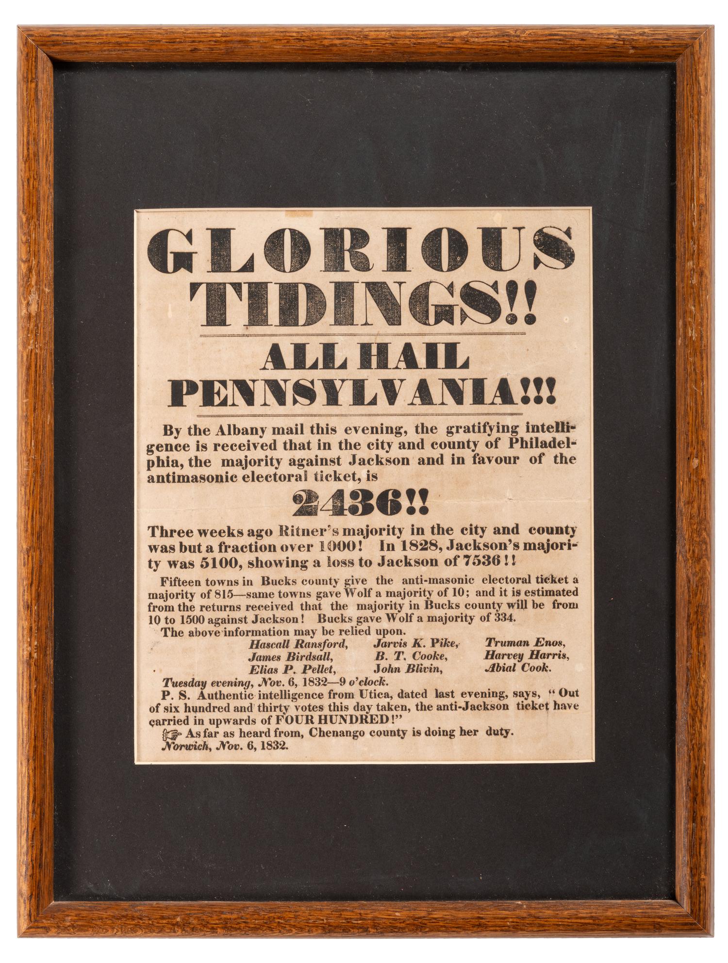 [POLITICS] Broadside announcing a majority vote against Jackson in favor of the Anti-Masonic ticket.