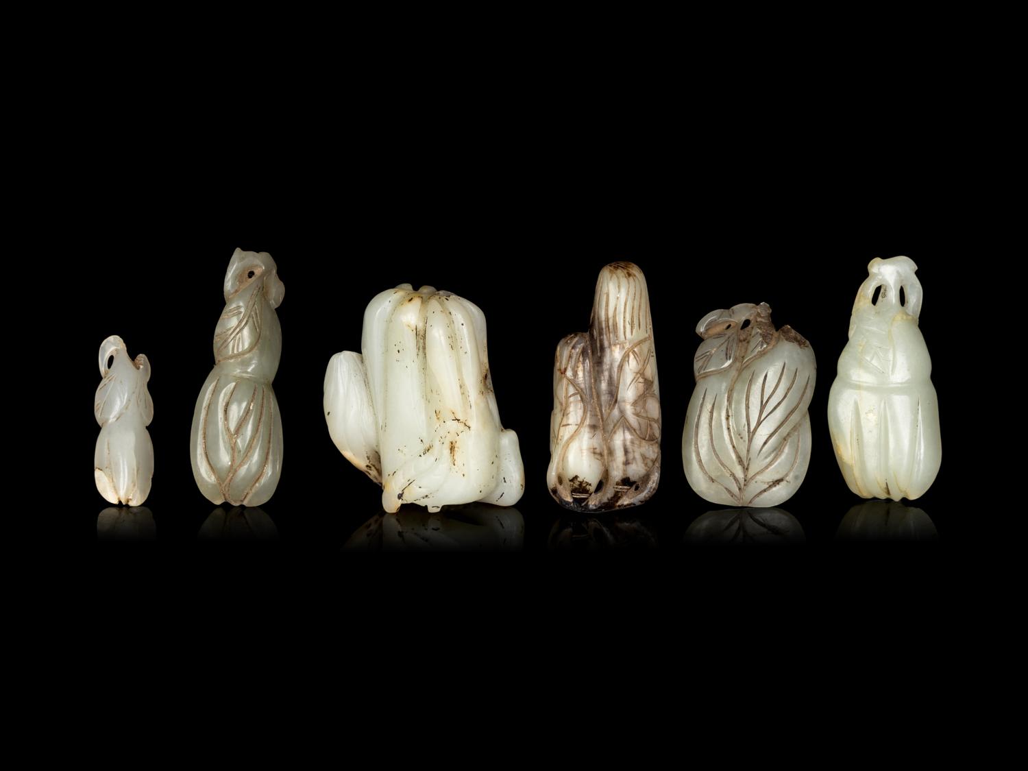 Six Chinese Celadon Jade Carvings of Buddha's Hand Citron