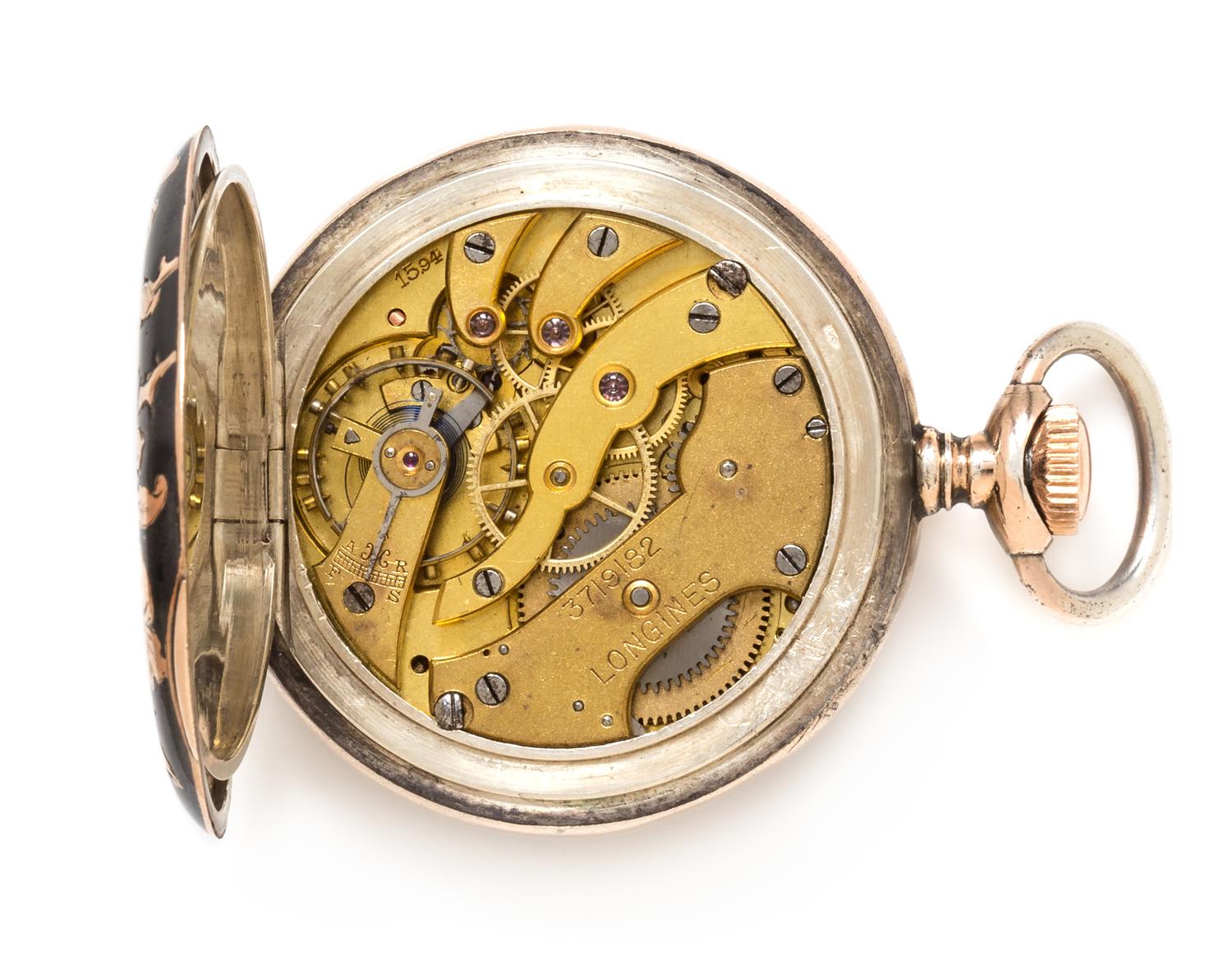 A Silver and Rose Gold Niello Hunter Case Pocket Watch, Longines for Cuervo & Sobrinos, Circa 1915, 39.40 dwts.