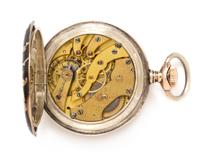 A Silver and Rose Gold Niello Hunter Case Pocket Watch, Longines for Cuervo & Sobrinos, Circa 1915, 39.40 dwts.