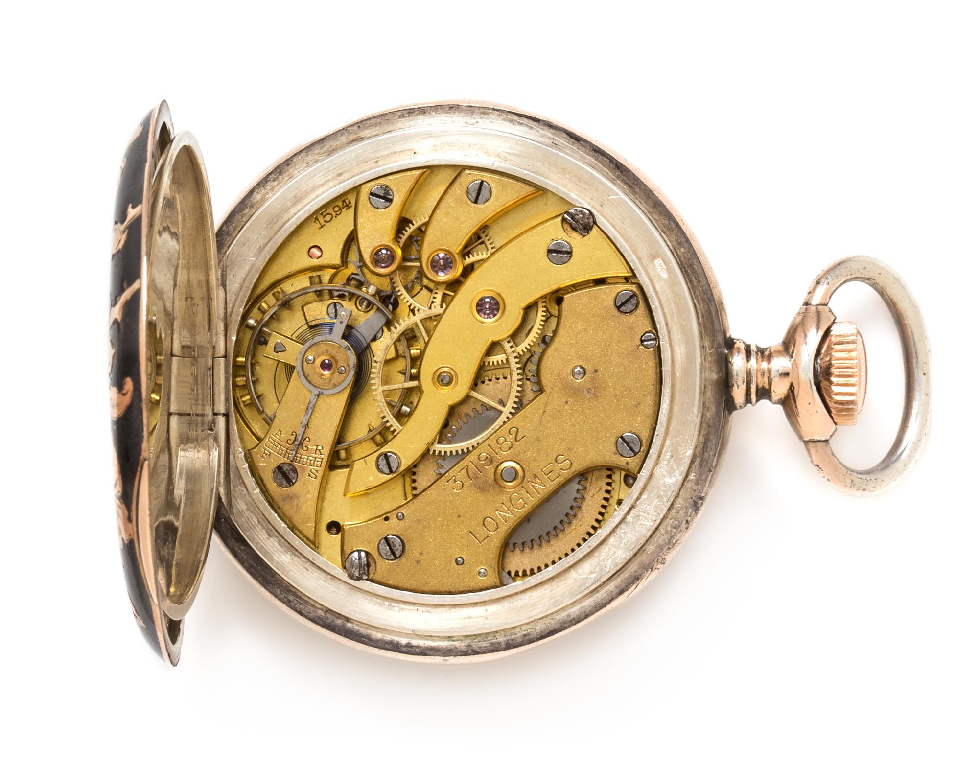 A Silver and Rose Gold Niello Hunter Case Pocket Watch, Longines for Cuervo & Sobrinos, Circa 1915, 39.40 dwts.