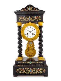A Continental Ebonized and Brass Inlaid Portico Clock