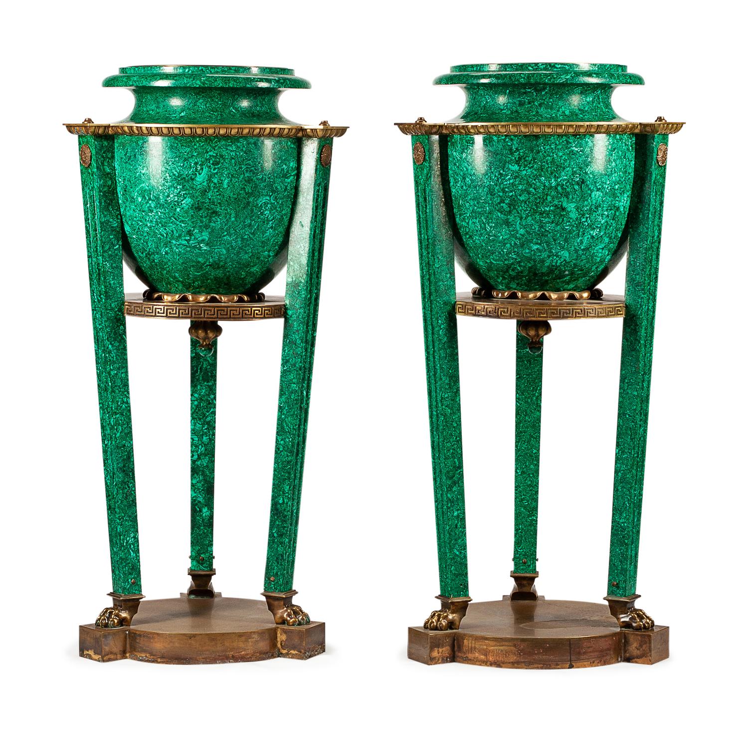 A Pair of Russian Neoclassical Gilt Metal Mounted Malachite Veneered Urns
