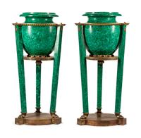 A Pair of Russian Neoclassical Gilt Metal Mounted Malachite Veneered Urns