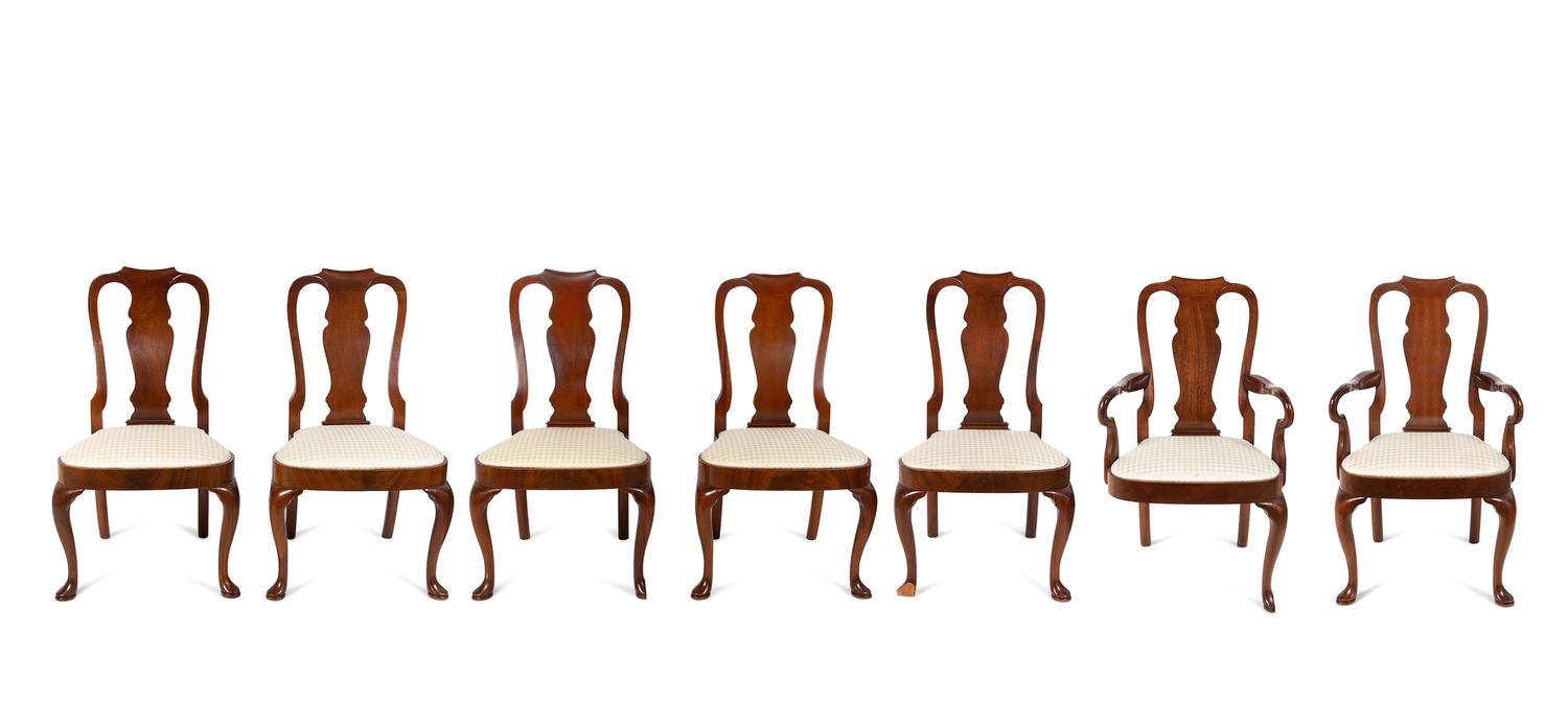 A Set of Seven Queen Anne Style Mahogany Dining Chairs