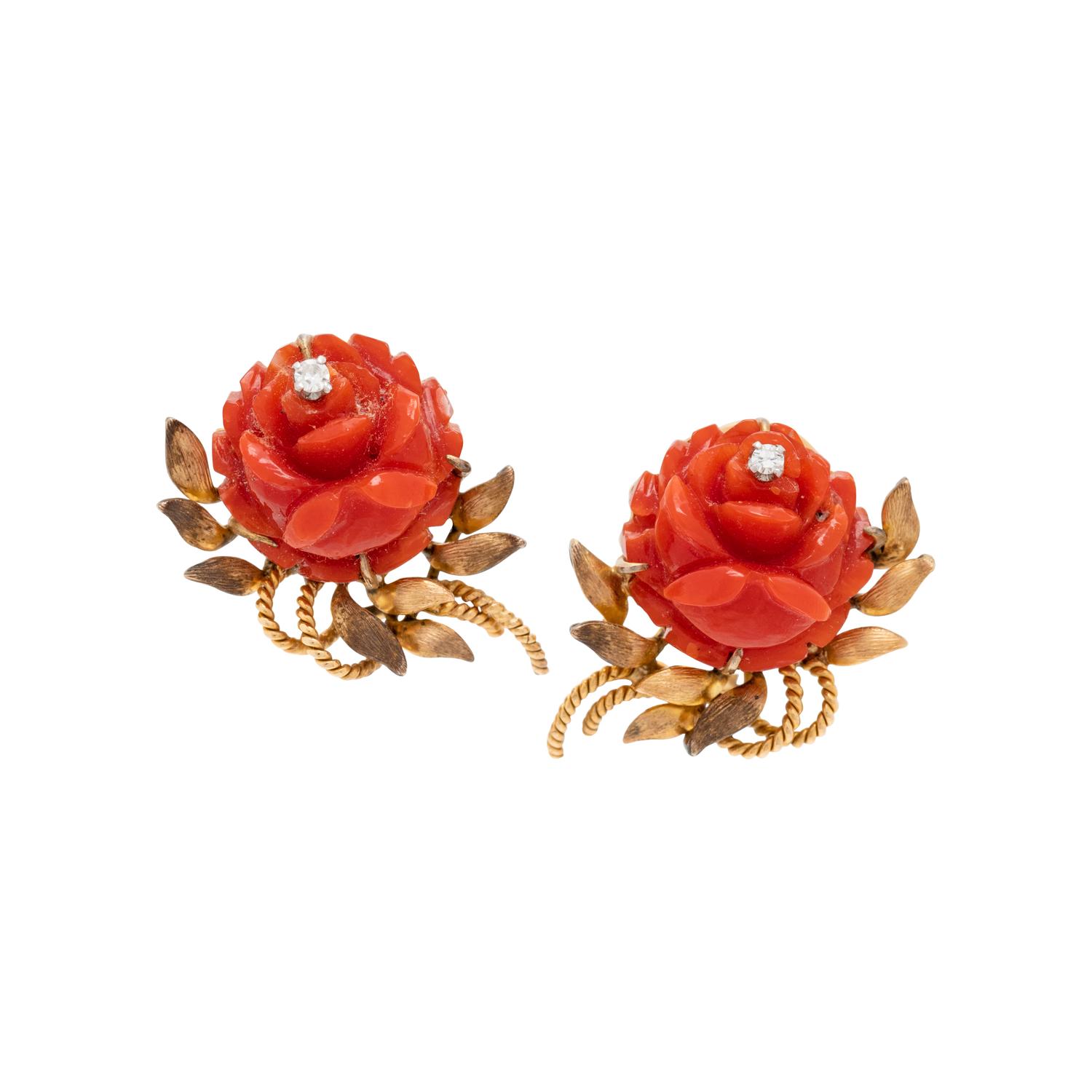 CORAL AND DIAMOND EARCLIPS