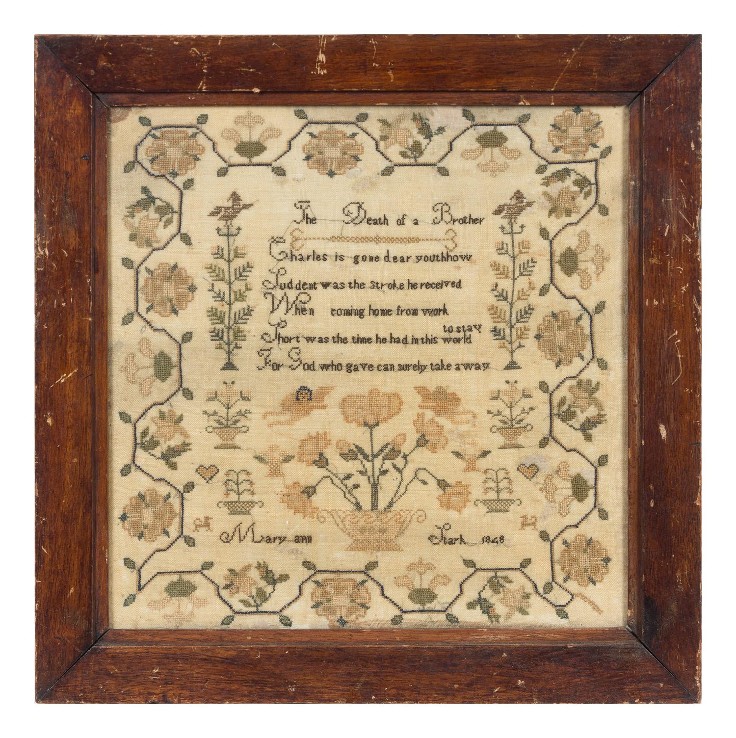 An English Needlepoint Sampler Frame: 15 3/4 x 15 3/4 inches. — MARY ANN STARK, DATED 1848