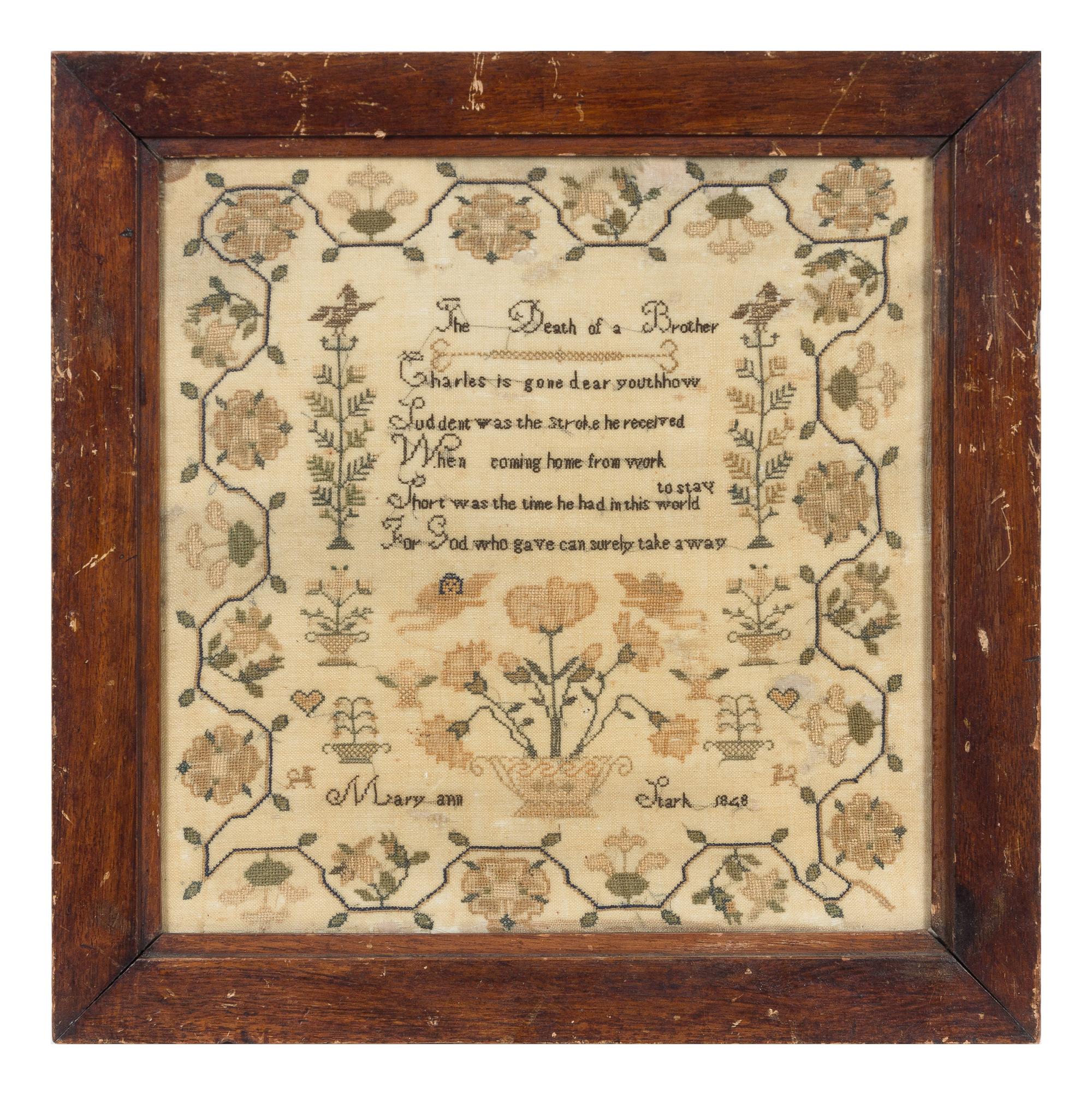 An English Needlepoint Sampler Frame: 15 3/4 x 15 3/4 inches. — MARY ANN STARK, DATED 1848