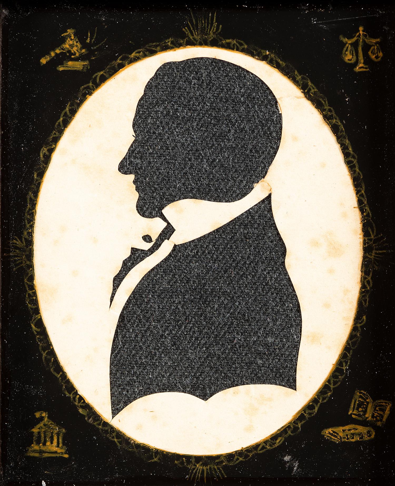 A Cut Paper and Cloth Silhouette of Enoch Titcomb with Eglomise Mat