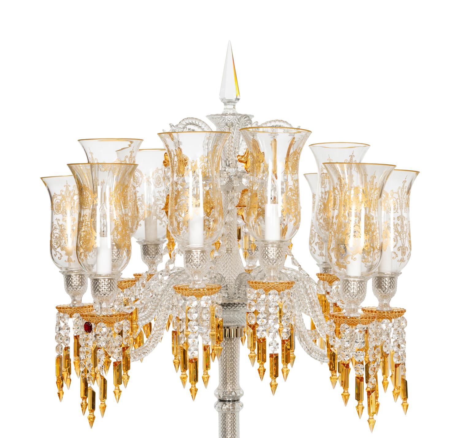 A Pair of Baccarat Zénith Clear and Amber Cut Glass Twelve-Light Torchères