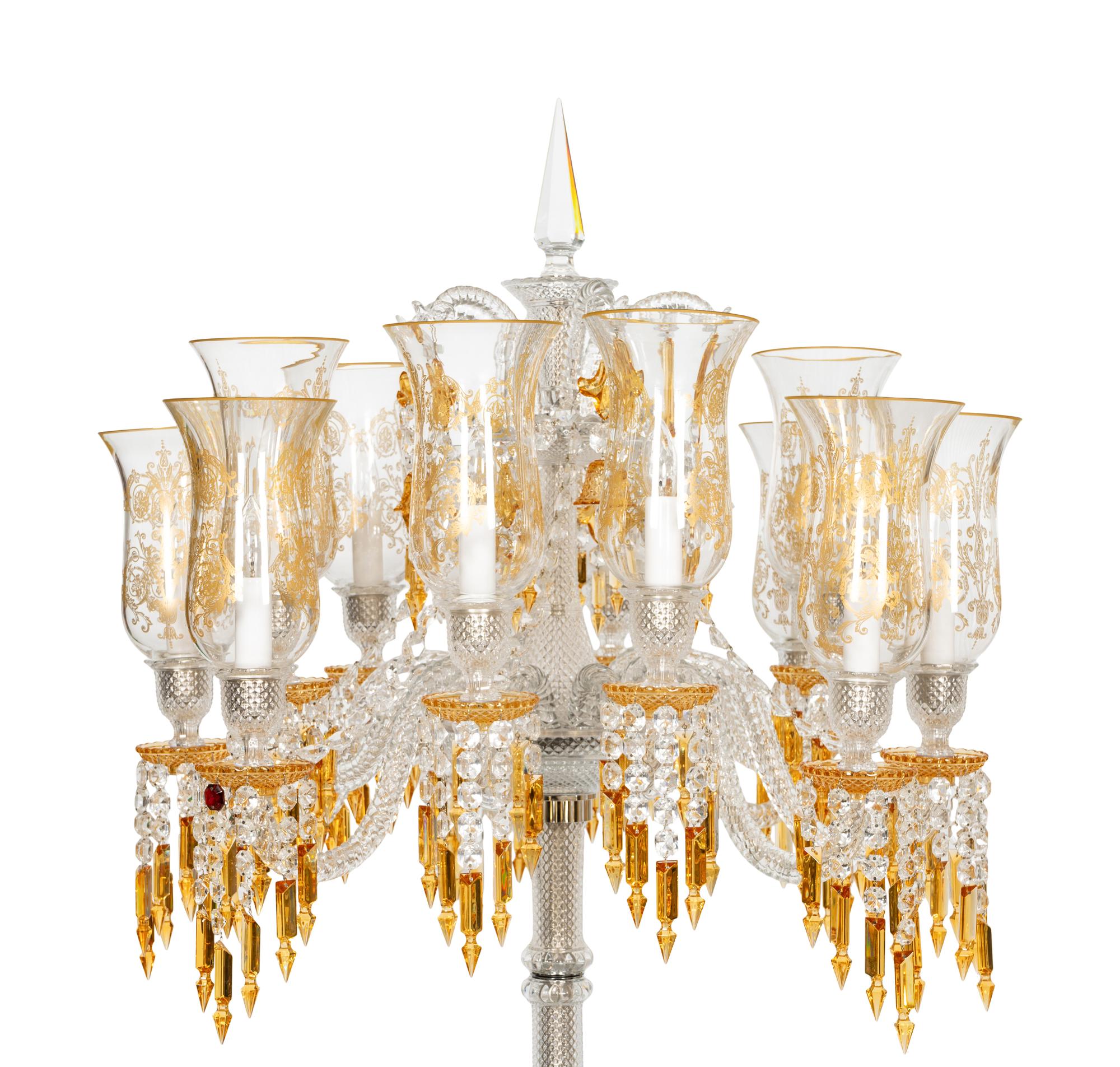 A Pair of Baccarat Zénith Clear and Amber Cut Glass Twelve-Light Torchères