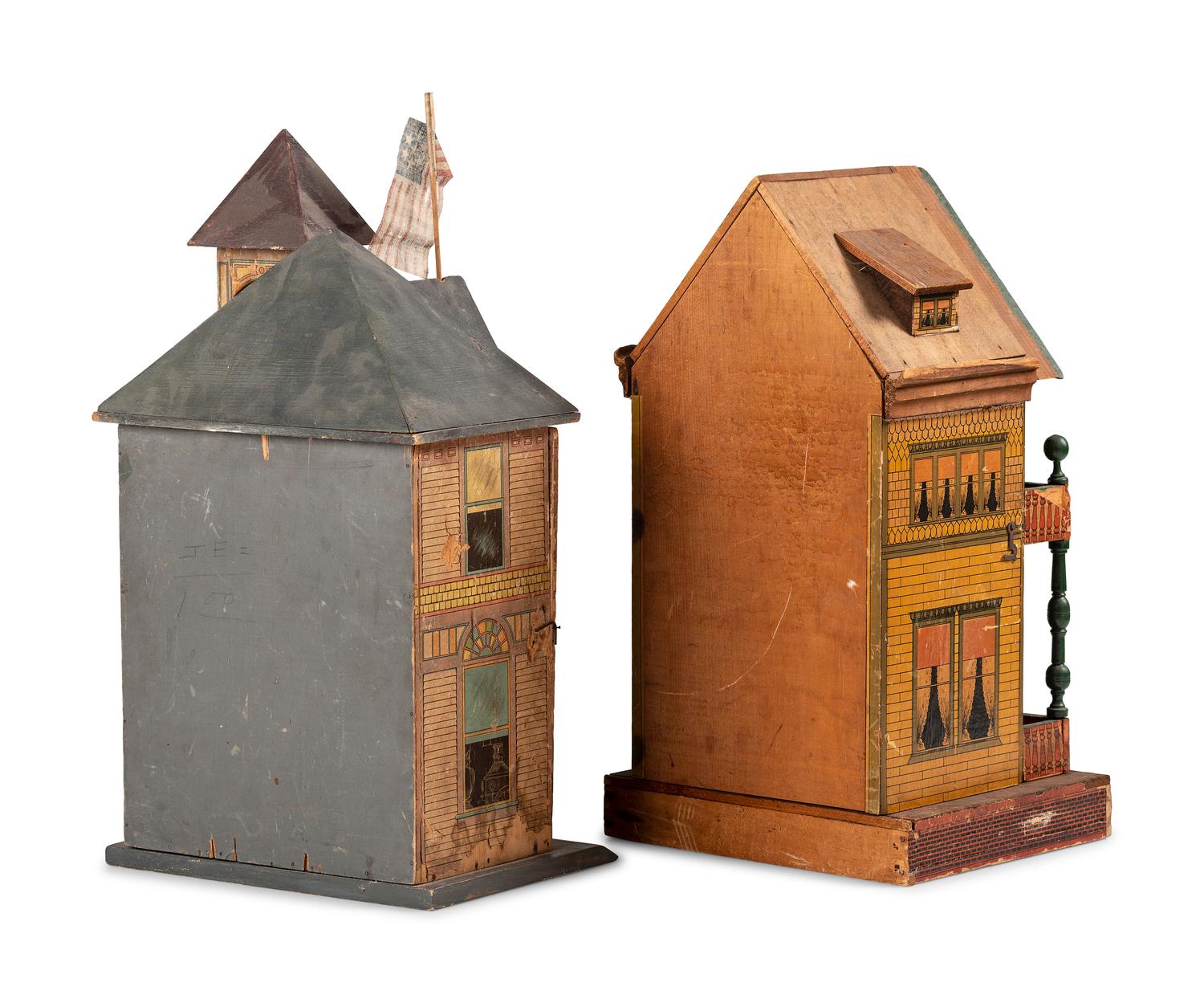 A Lithograph Paper on Wood Two-Story Doll House and Fire Station