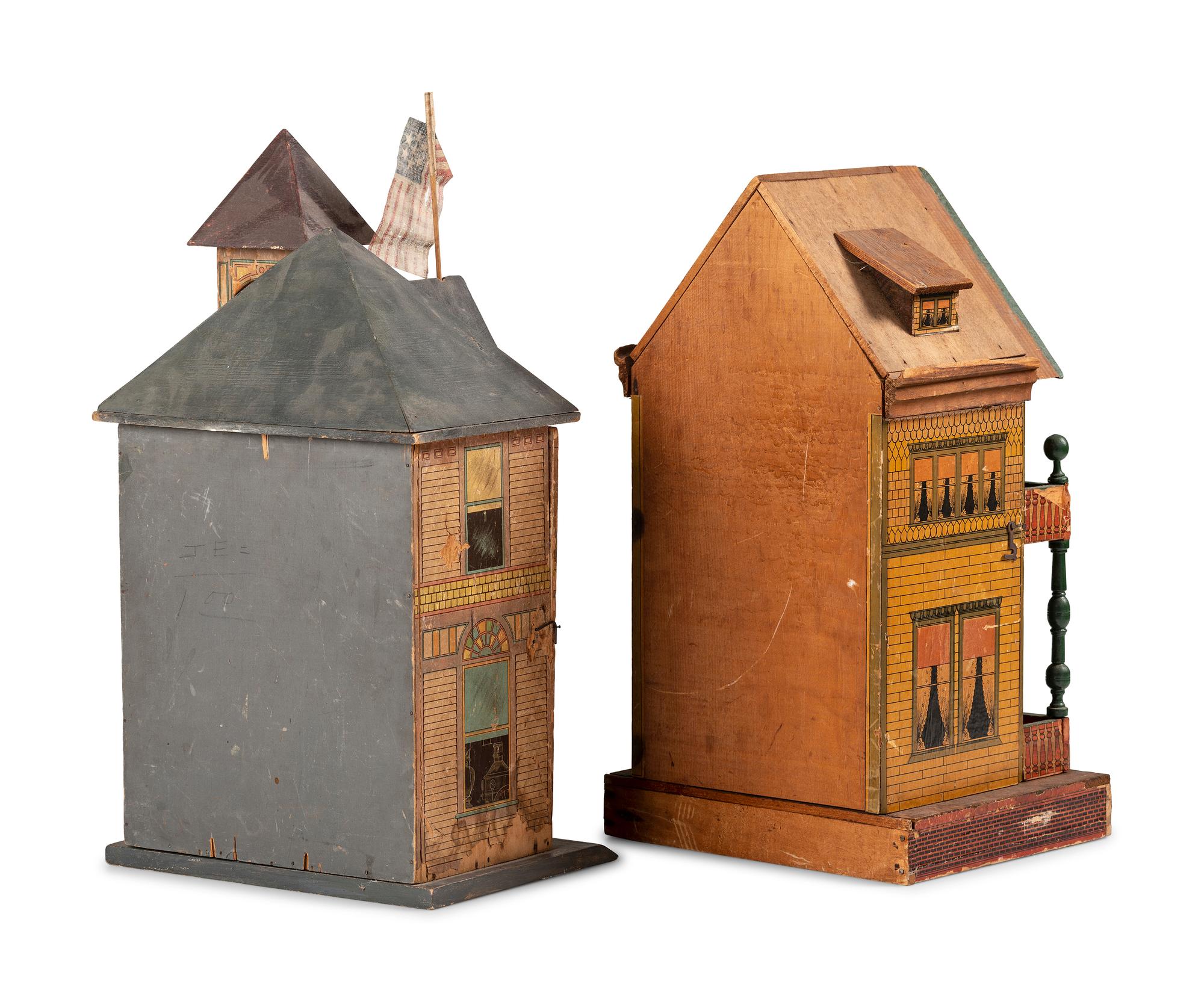 A Lithograph Paper on Wood Two-Story Doll House and Fire Station