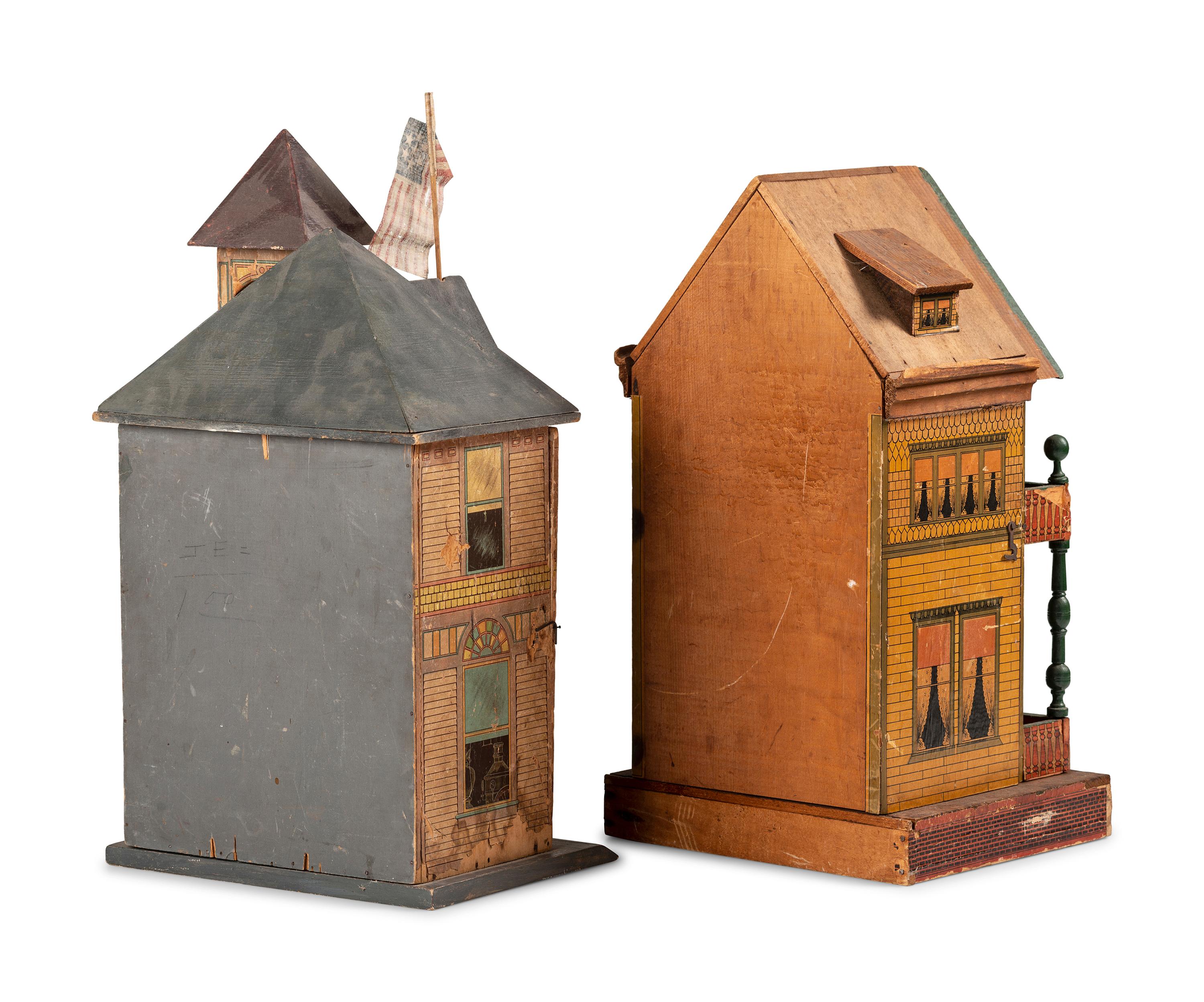 A Lithograph Paper on Wood Two-Story Doll House and Fire Station