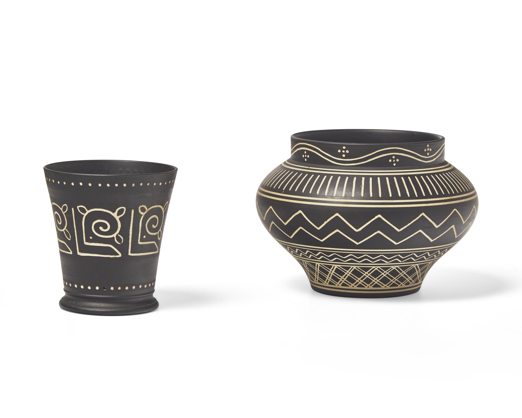Two Wedgwood Decorated Black Basalt Vases